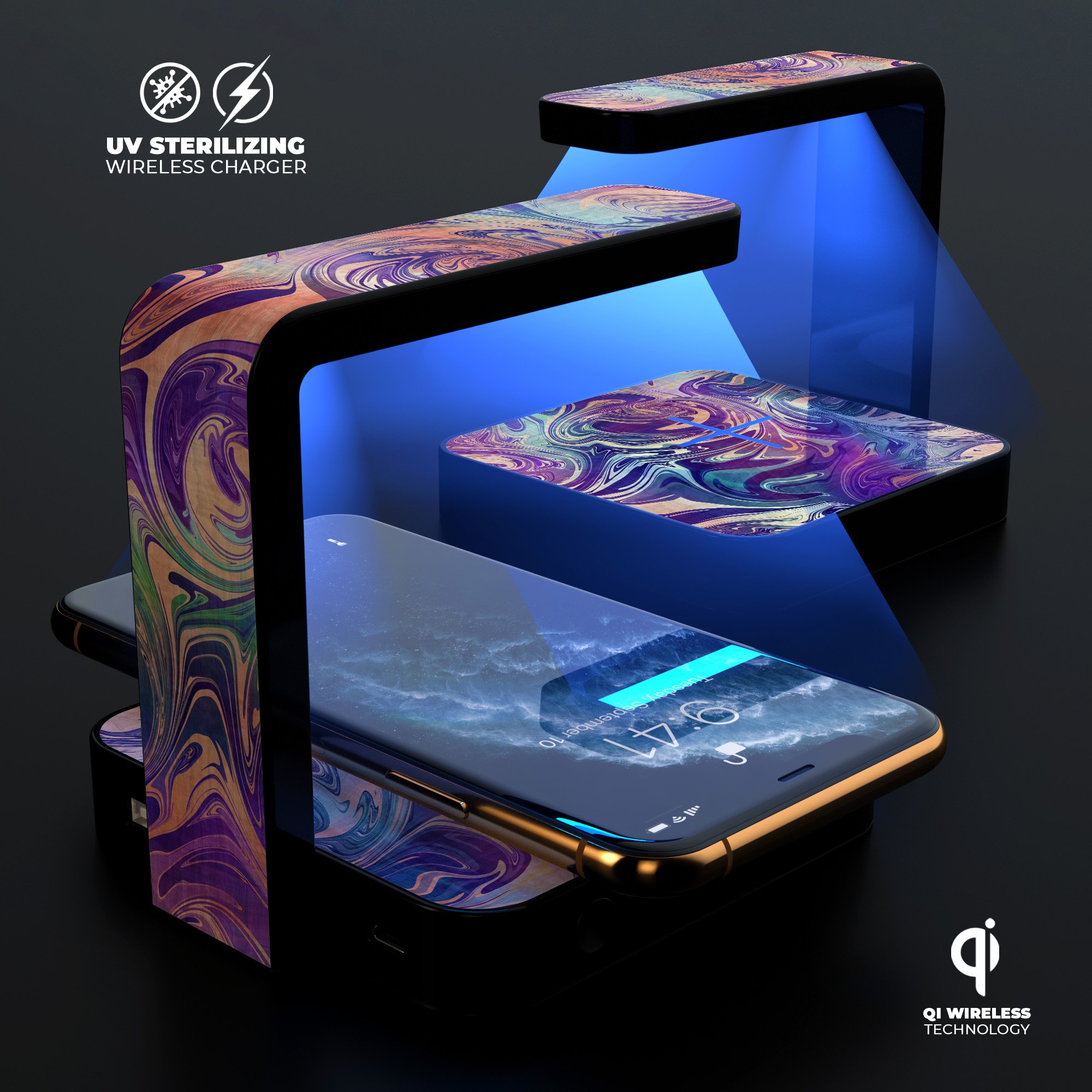 Pastel Minimalistic Acrylic Swirl V2 UV Germicidal Sanitizing wireless charger with phone sterilizing feature, stylish design, and USB cable.