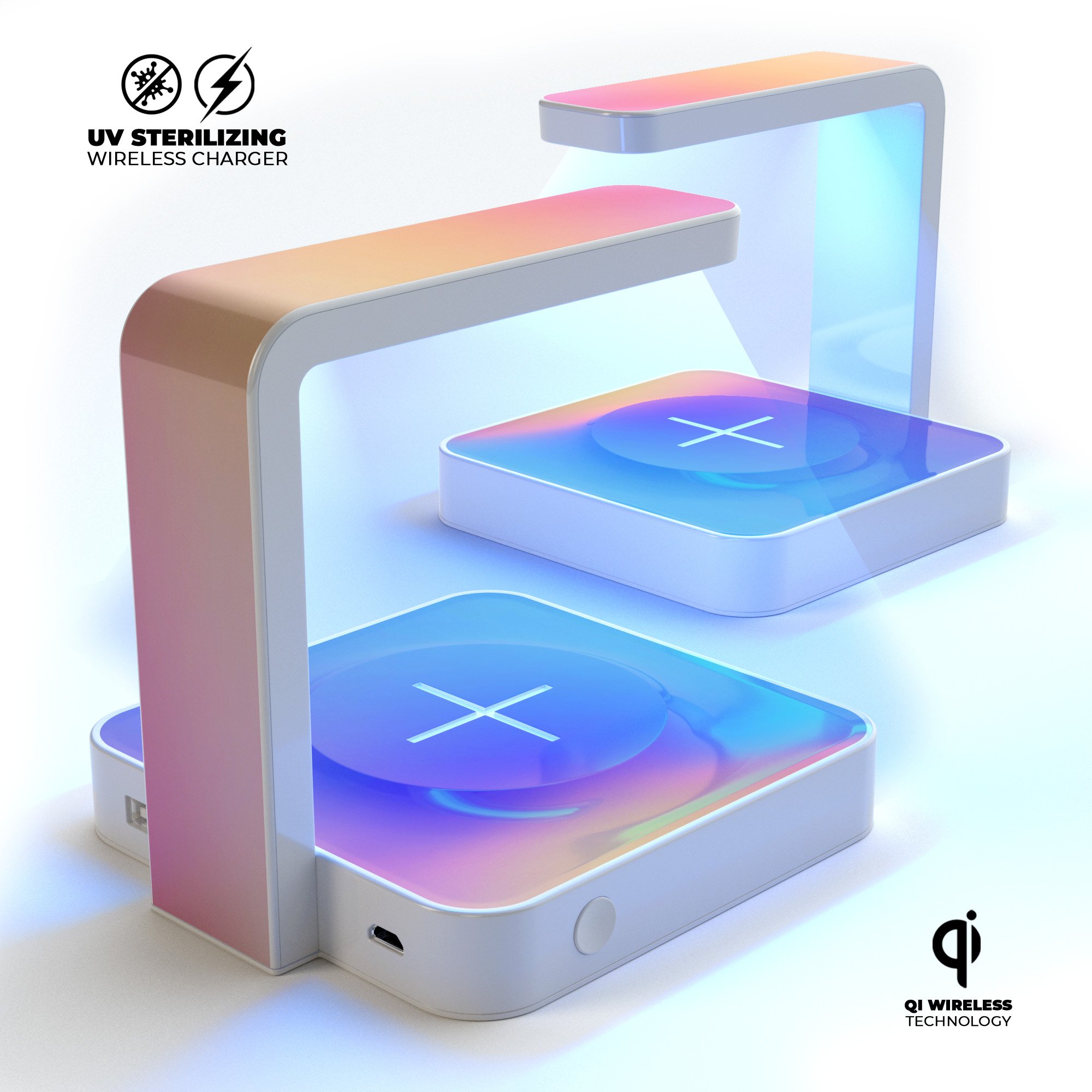 Pastel Minimalistic V1 UV Germicidal Sanitizing Wireless Charger with phone on top, showcasing its sleek design and functionality.