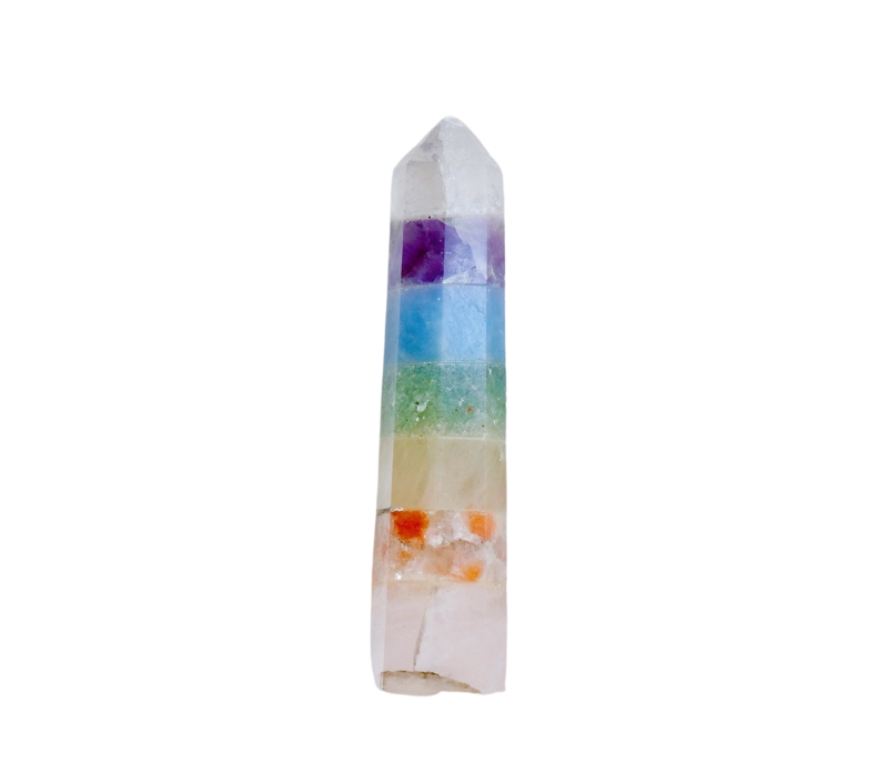 A beautiful Pastel Rainbow Chakra Wand featuring seven distinct crystals, perfect for energy work and chakra balancing.