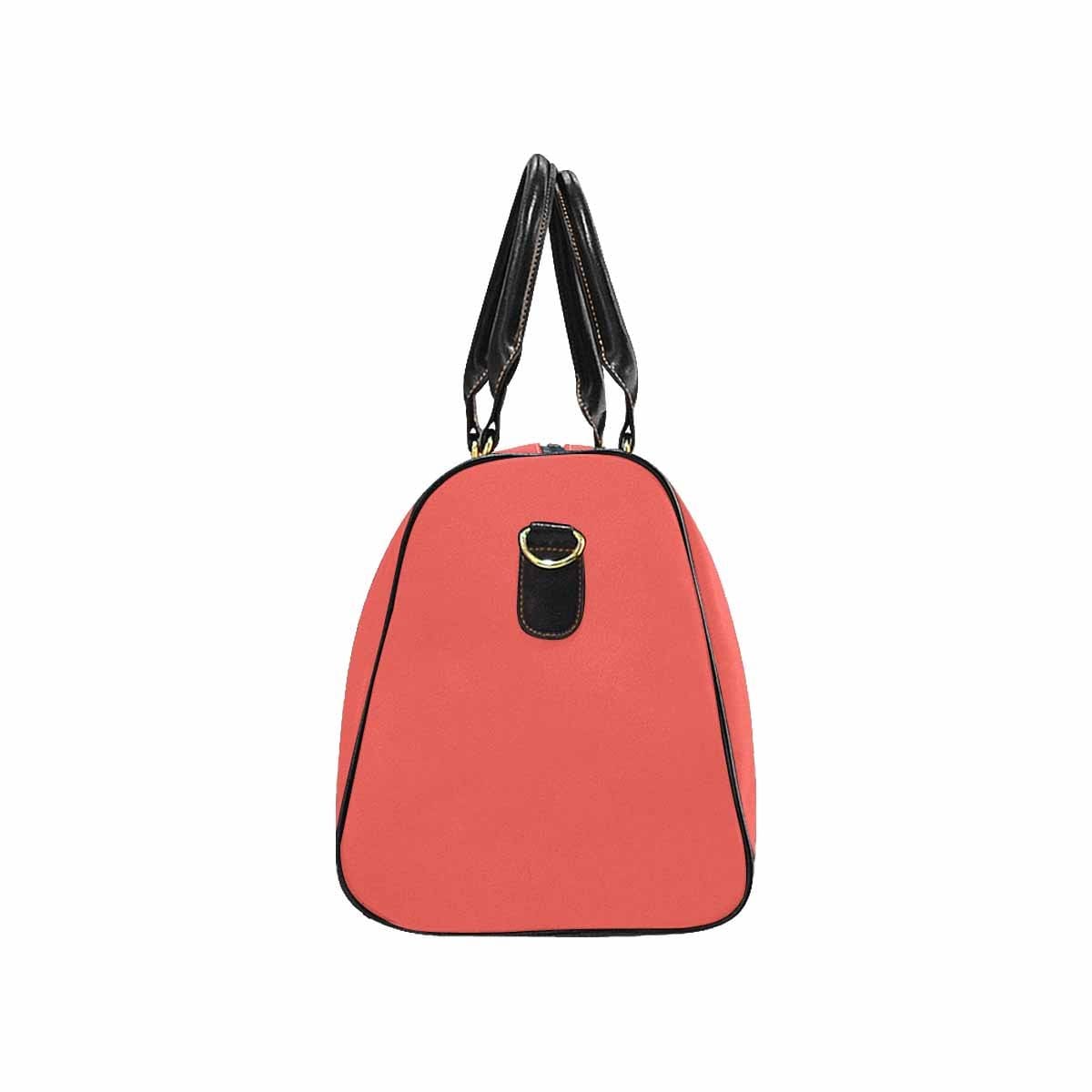 Pastel Red Travel Bag with adjustable black strap, showcasing its spacious design and waterproof fabric.