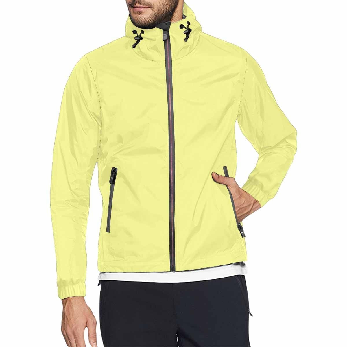 Pastel yellow hooded windbreaker jacket for men and women, featuring a stylish design with zippered pockets and adjustable hood.