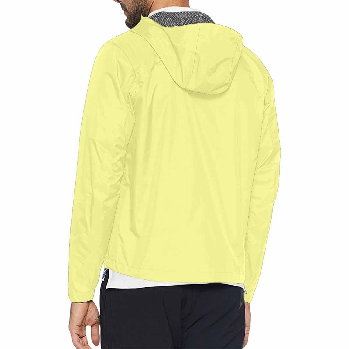 Pastel yellow hooded windbreaker jacket for men and women, featuring a stylish design with zippered pockets and adjustable hood.