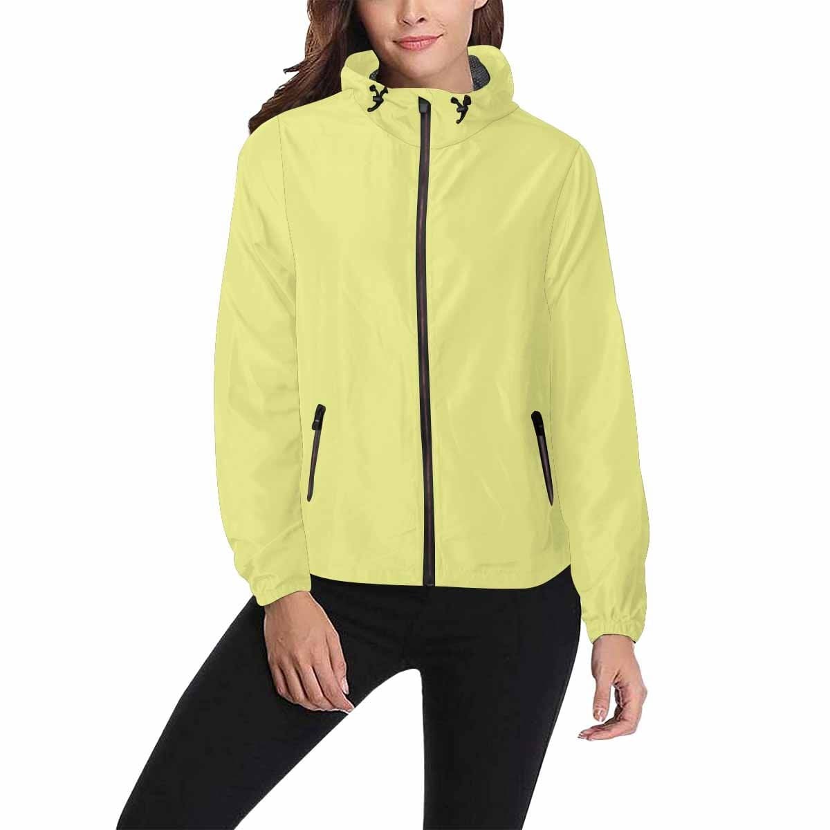 Pastel yellow hooded windbreaker jacket for men and women, featuring a stylish design with zippered pockets and adjustable hood.