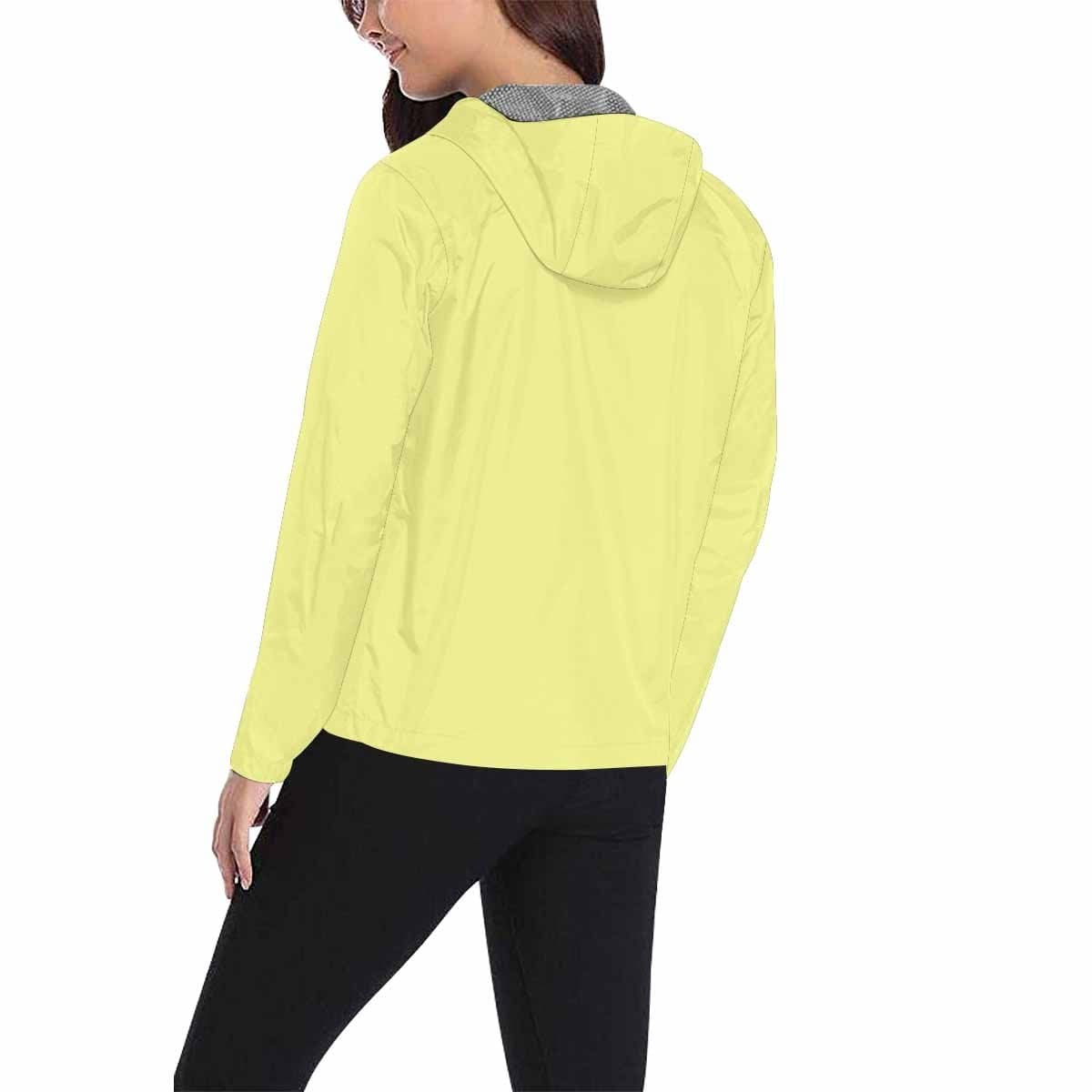 Pastel yellow hooded windbreaker jacket for men and women, featuring a stylish design with zippered pockets and adjustable hood.