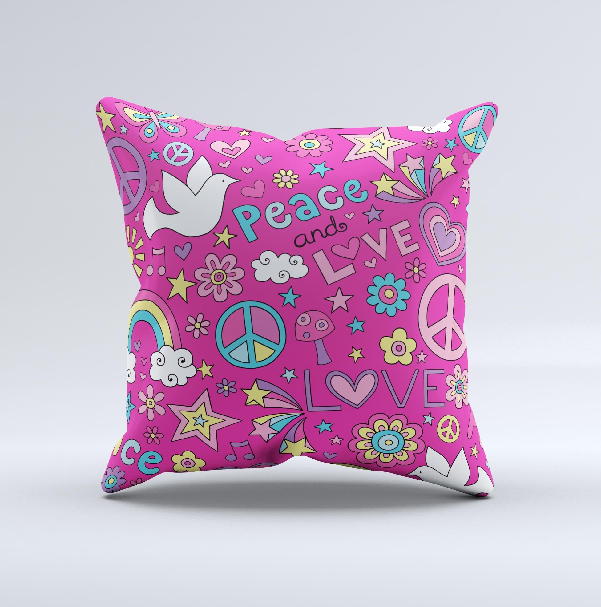 Peace Love Pink Illustration Ink-Fuzed Decorative Throw Pillow featuring a vibrant pink design, handcrafted in Virginia with high-quality materials.