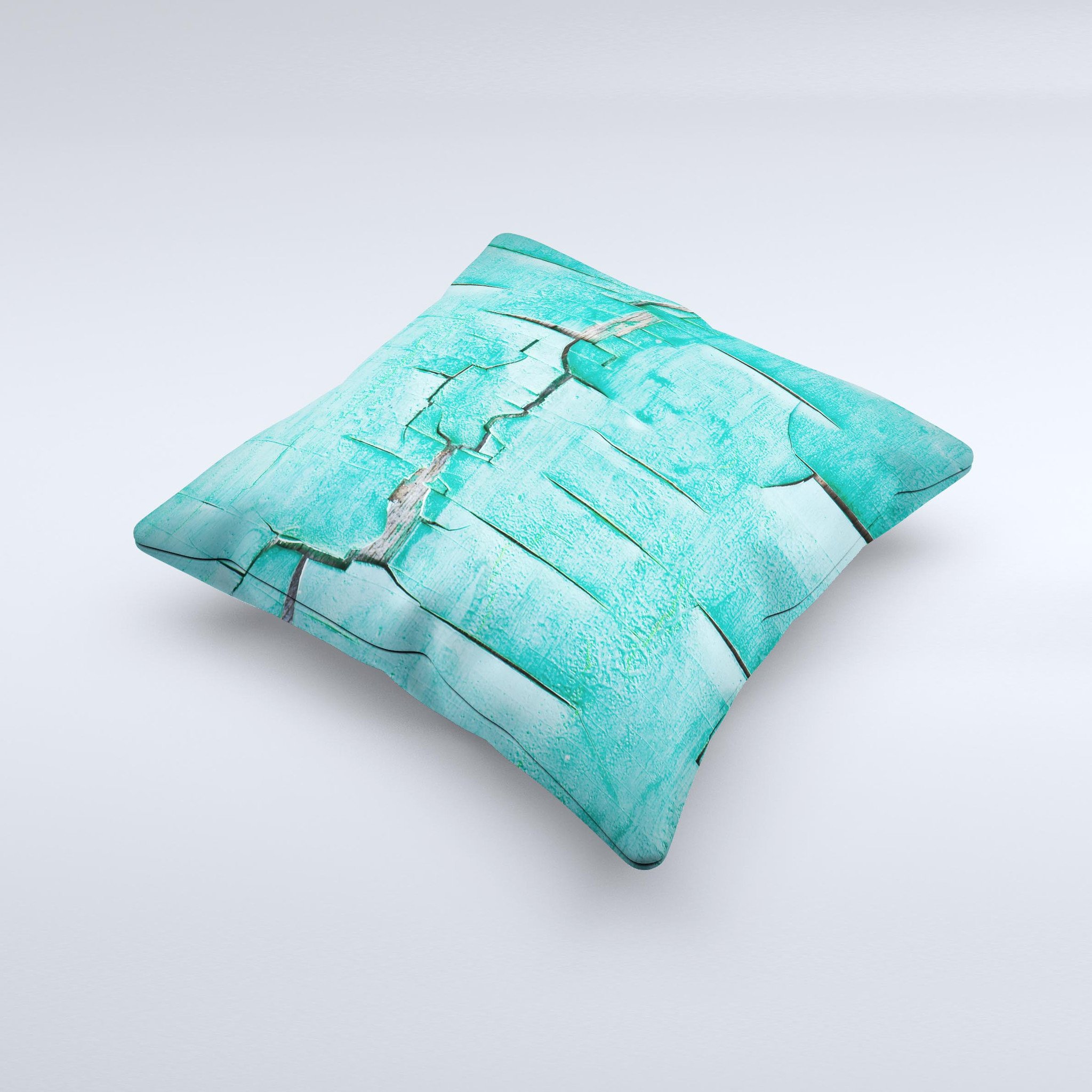 Peeling Teal Paint Ink-Fuzed Decorative Throw Pillow showcasing a unique design with a soft fabric cover and plush filling.