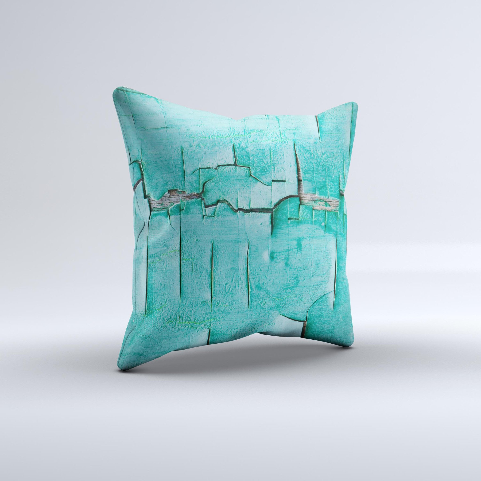 Peeling Teal Paint Ink-Fuzed Decorative Throw Pillow showcasing a unique design with a soft fabric cover and plush filling.