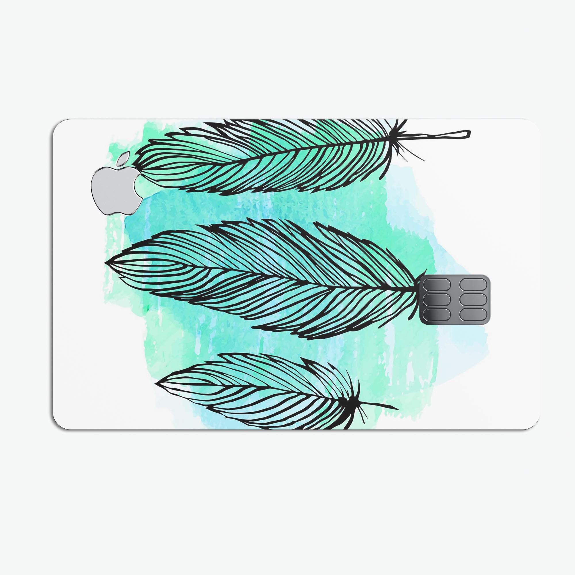 Pen & Watercolor Feathers decal skin for Apple Card, showcasing vibrant colors and a protective design.