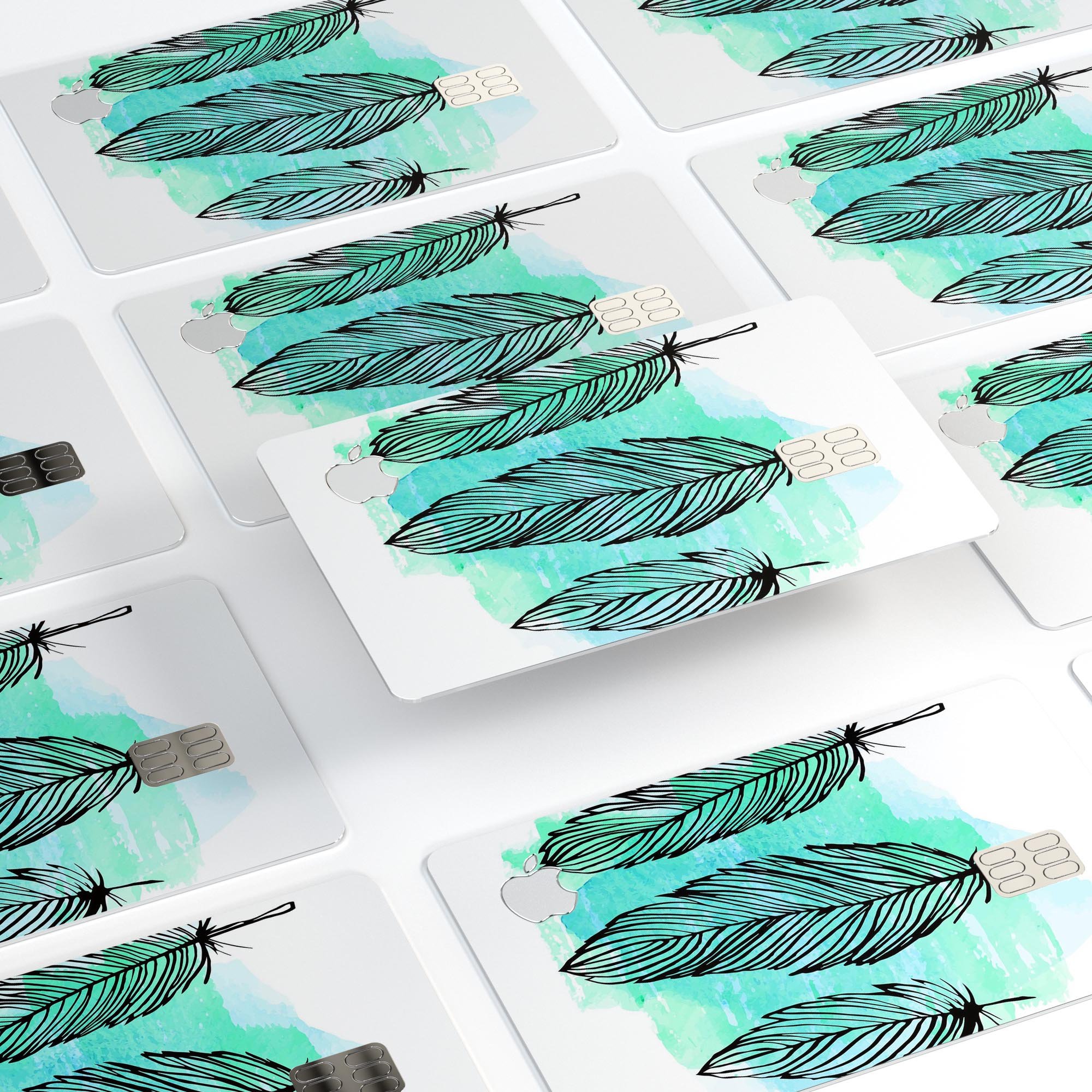 Pen & Watercolor Feathers decal skin for Apple Card, showcasing vibrant colors and a protective design.