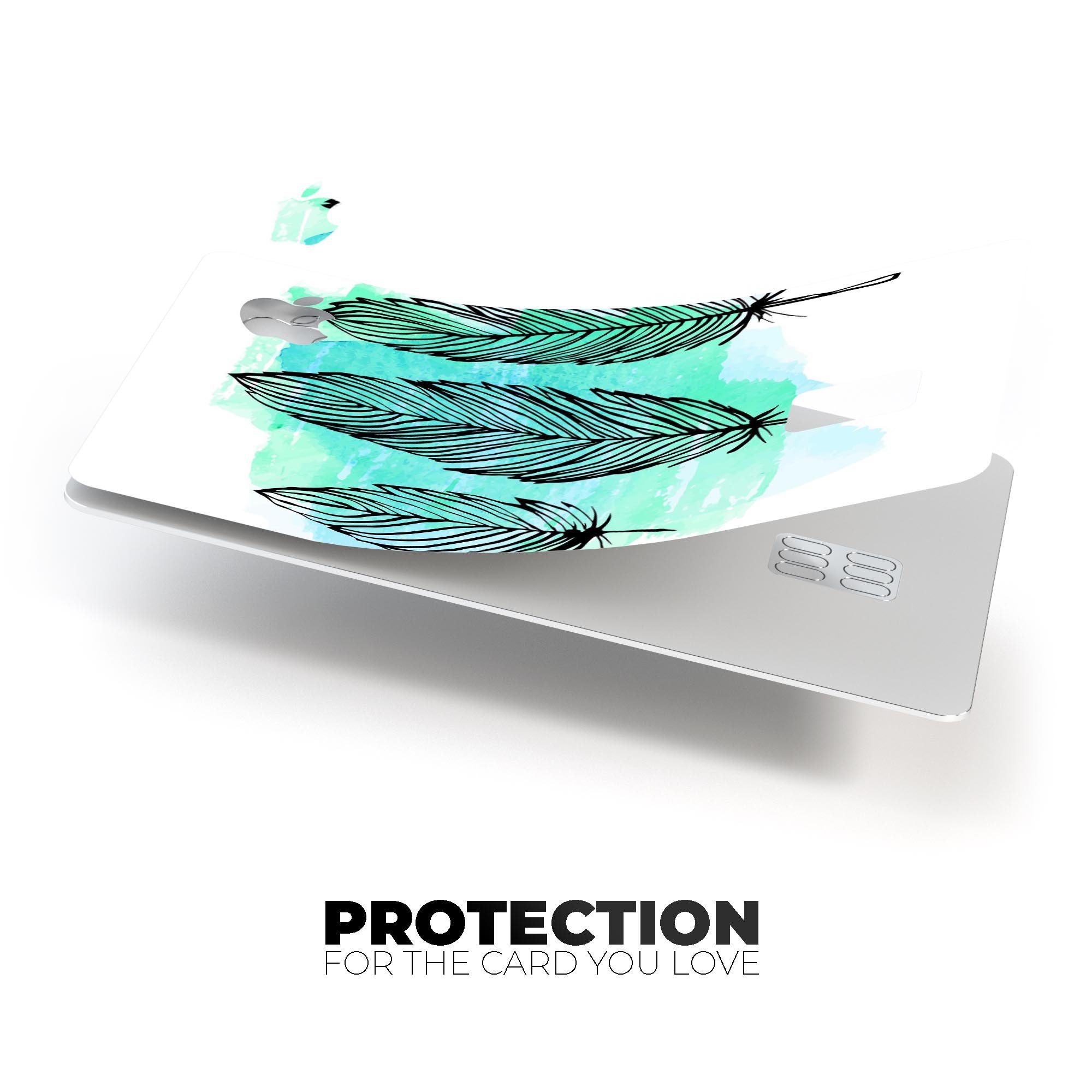 Pen & Watercolor Feathers decal skin for Apple Card, showcasing vibrant colors and a protective design.