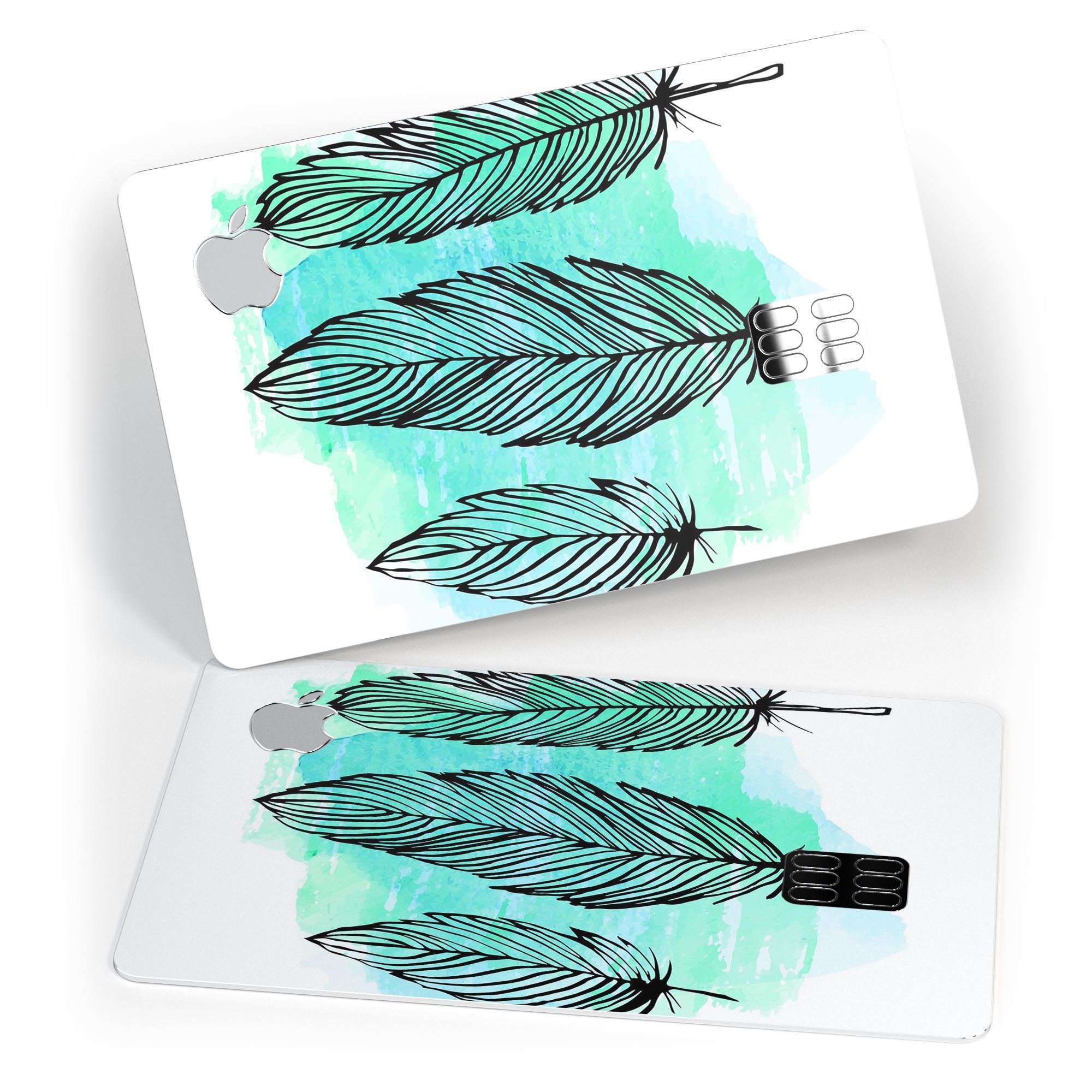 Pen & Watercolor Feathers decal skin for Apple Card, showcasing vibrant colors and a protective design.