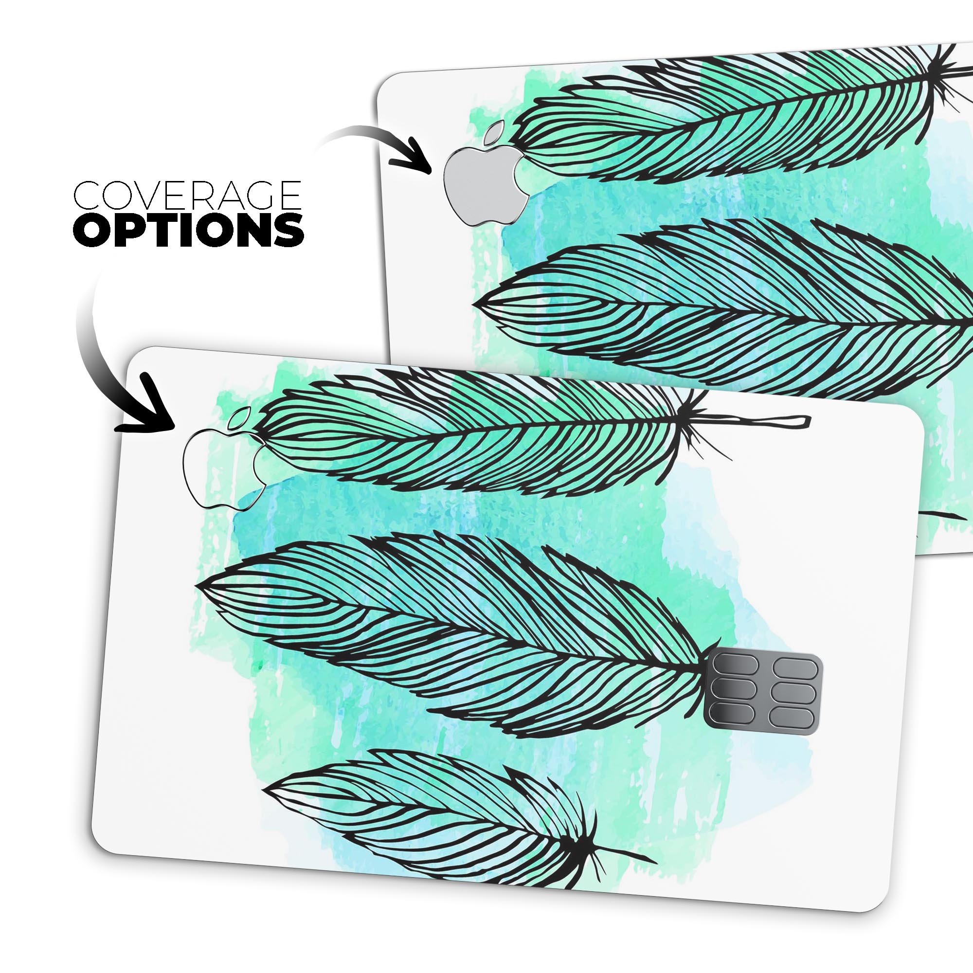 Pen & Watercolor Feathers decal skin for Apple Card, showcasing vibrant colors and a protective design.