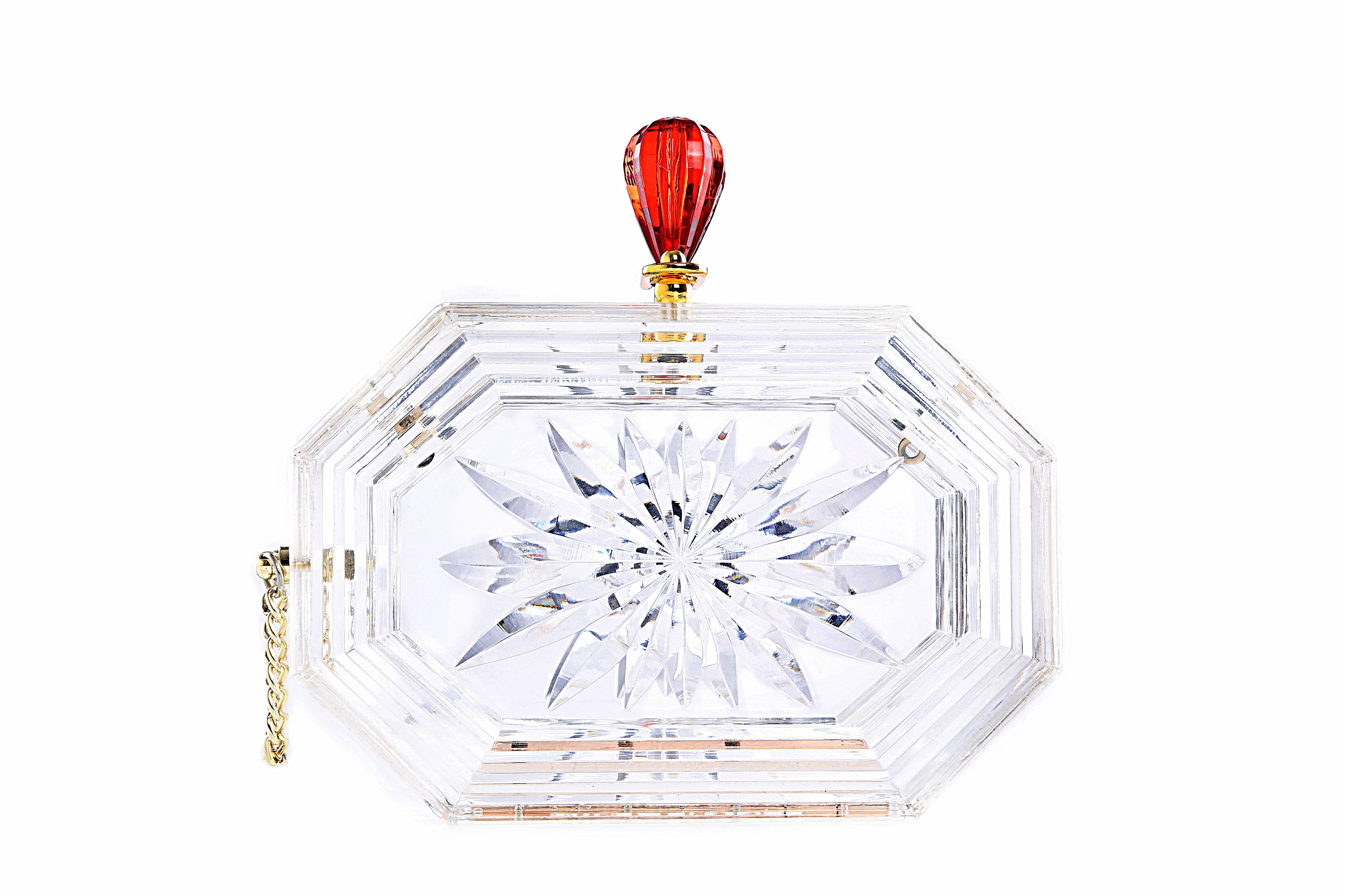 Perfume Bottle Clear Flower Cut Acrylic Box Clutch with gold chain strap and floral engravings, showcasing a transparent design.