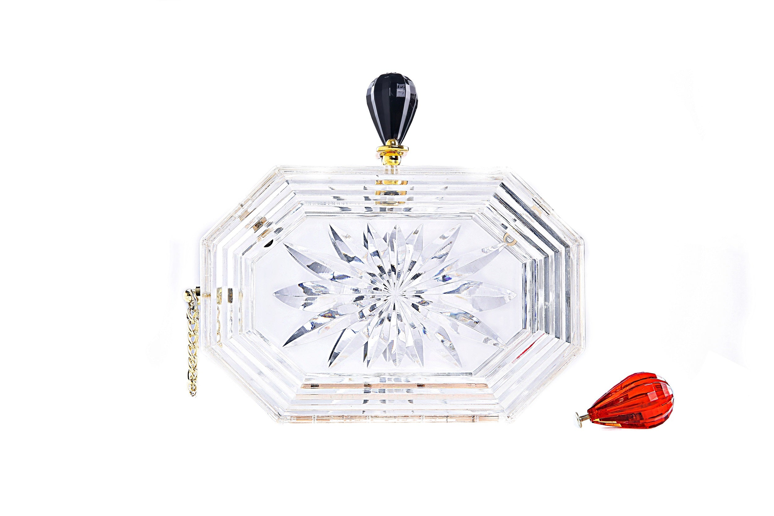 Perfume Bottle Clear Flower Cut Acrylic Box Clutch with gold chain strap and floral engravings, showcasing a transparent design.