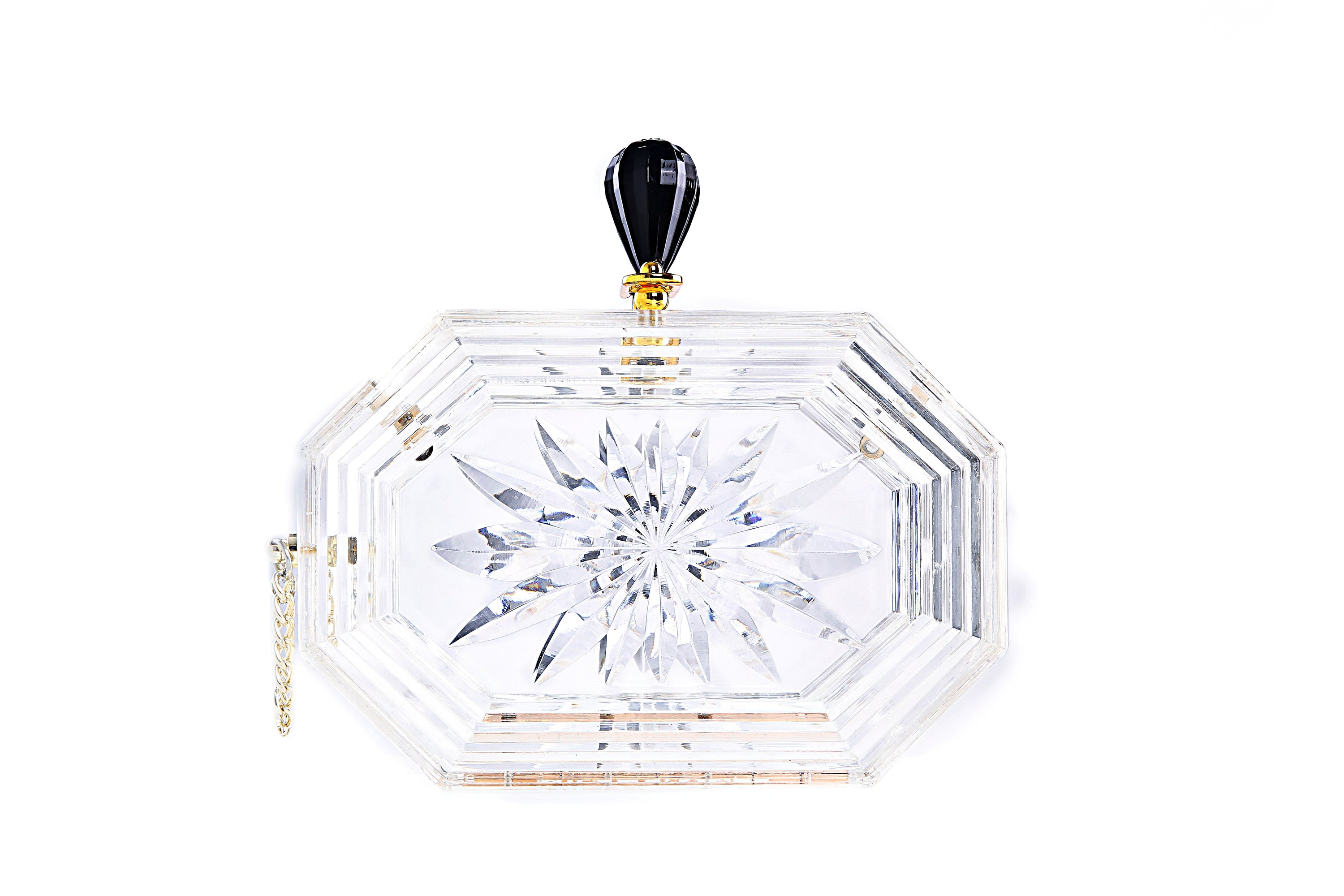 Perfume Bottle Clear Flower Cut Acrylic Box Clutch with gold chain strap and floral engravings, showcasing a transparent design.