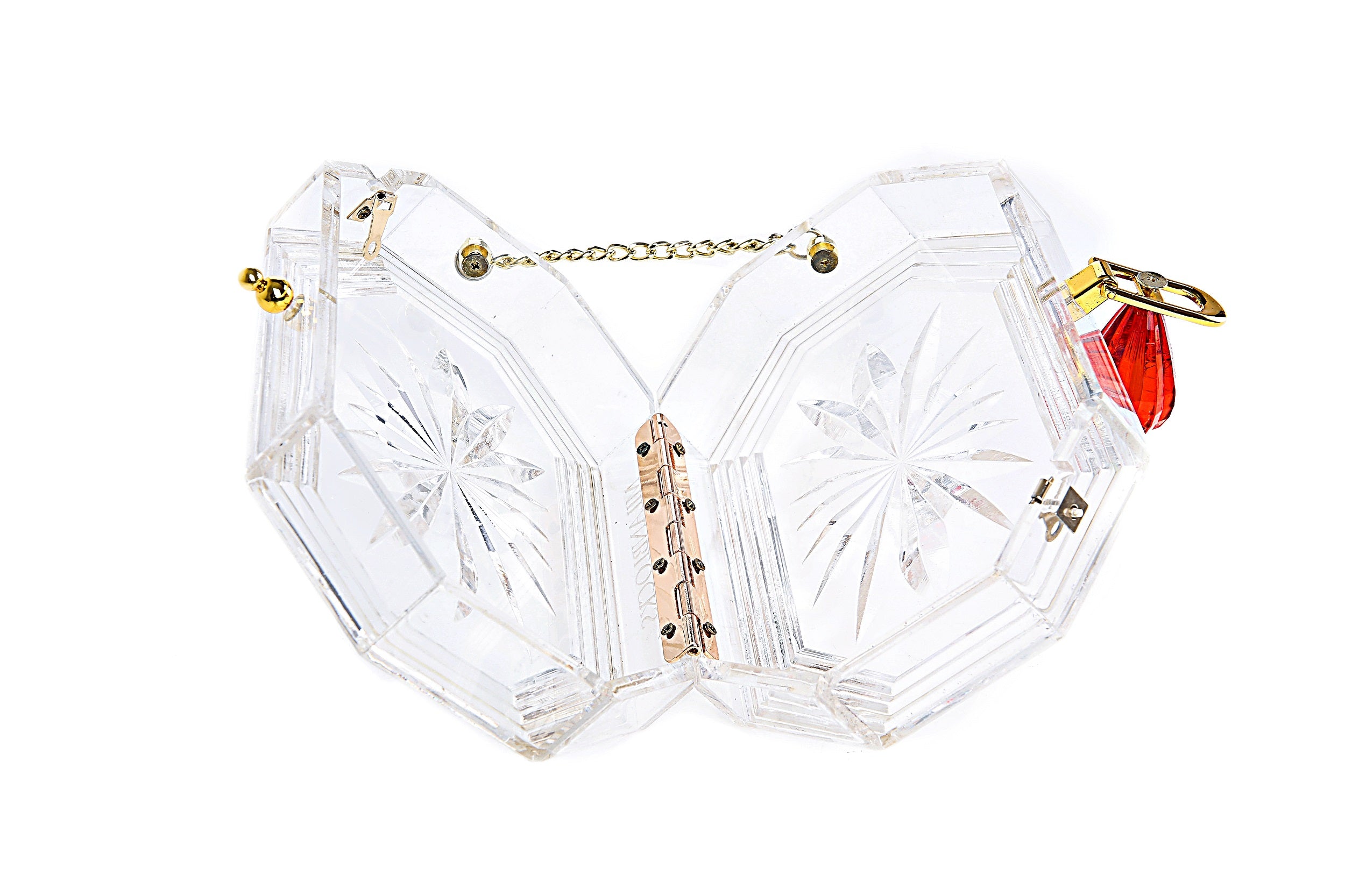 Perfume Bottle Clear Flower Cut Acrylic Box Clutch with gold chain strap and floral engravings, showcasing a transparent design.