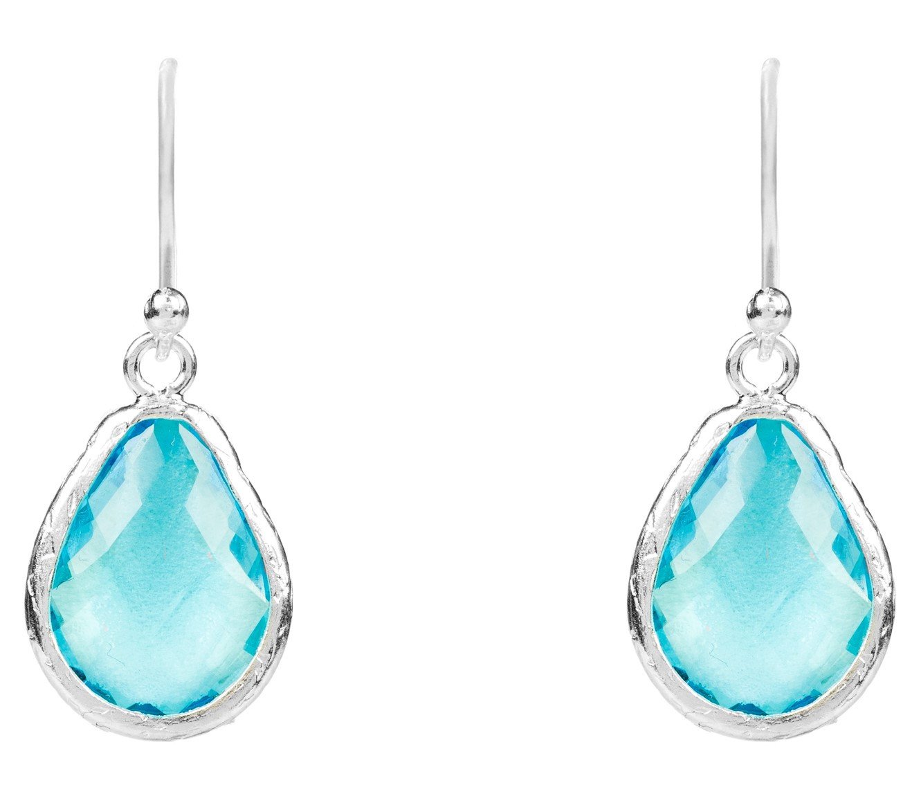 Elegant petite drop earrings featuring Blue Topaz Hydro crystal set in 925 sterling silver, hanging from a French hook.
