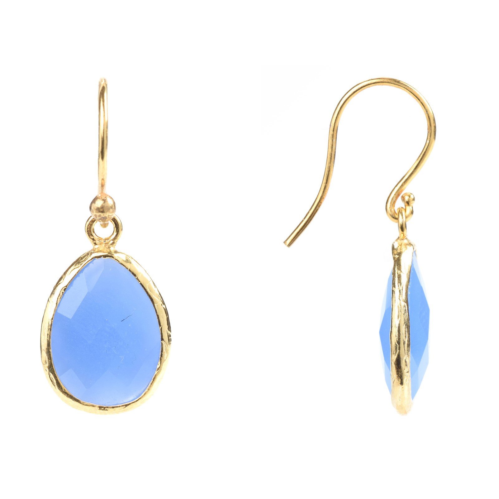 Elegant petite drop earrings featuring dark blue chalcedony set in 22ct gold dipped 925 sterling silver, perfect for any occasion.