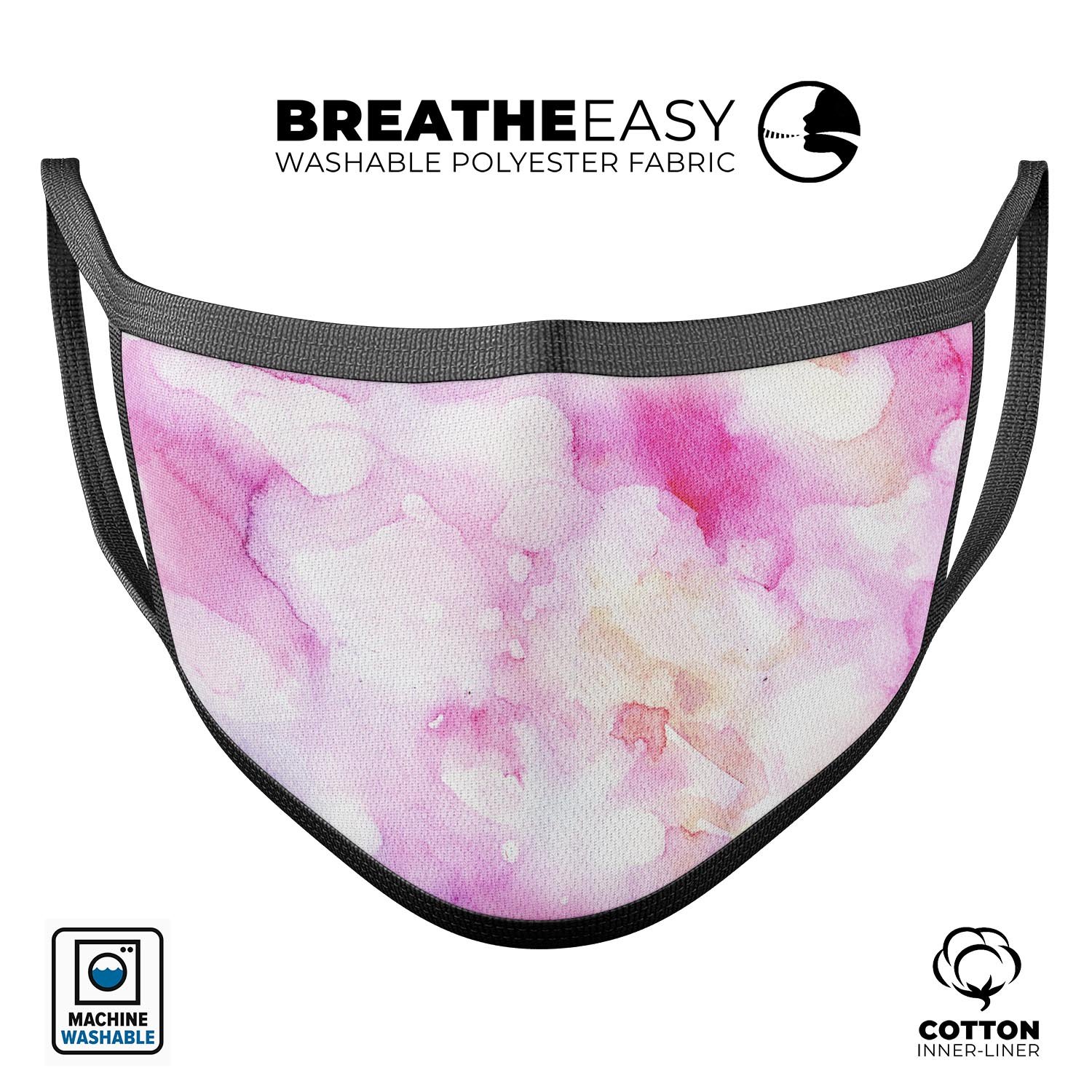 Pink 32 Absorbed Watercolor Texture face mask, showcasing vibrant colors and a comfortable design, made in the USA.