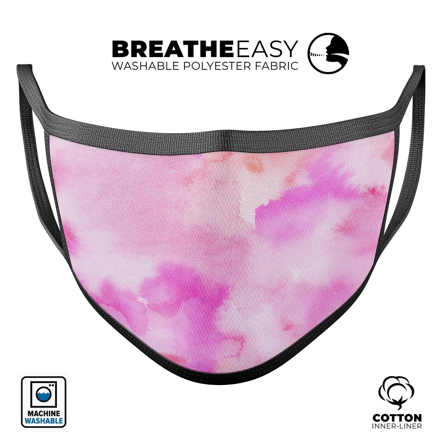 Pink 97 Absorbed Watercolor Texture mouth cover, showcasing a vibrant watercolor design with adjustable ear loops for a comfortable fit.