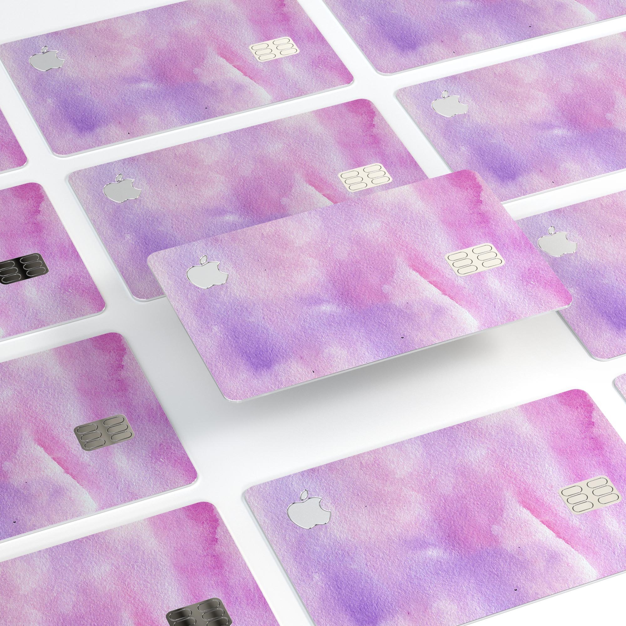 Pink 981 Absorbed Watercolor Texture decal on an Apple Card, showcasing vibrant colors and a protective design.