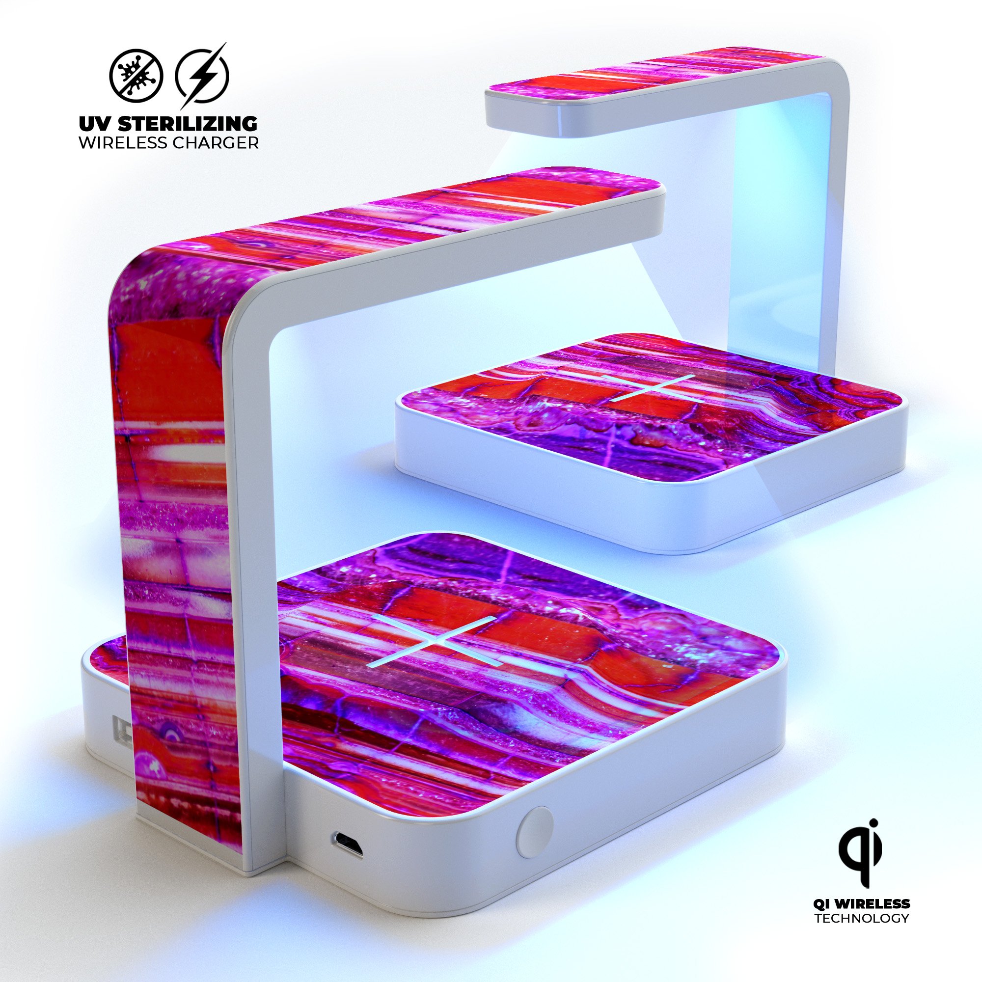 Pink Acrylic Agate UV Germicidal Sanitizing Wireless Charger with decorative skin, USB cable, and stylish design.