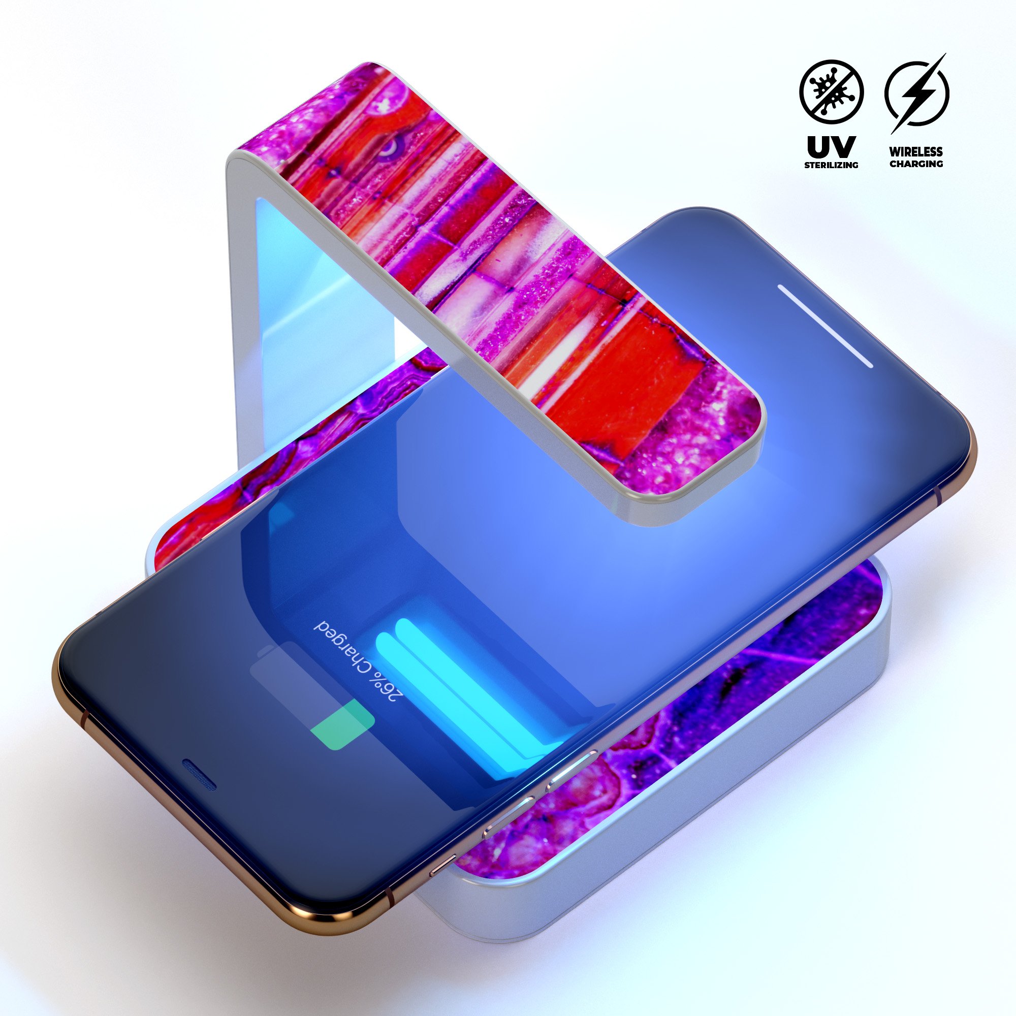 Pink Acrylic Agate UV Germicidal Sanitizing Wireless Charger with decorative skin, USB cable, and stylish design.