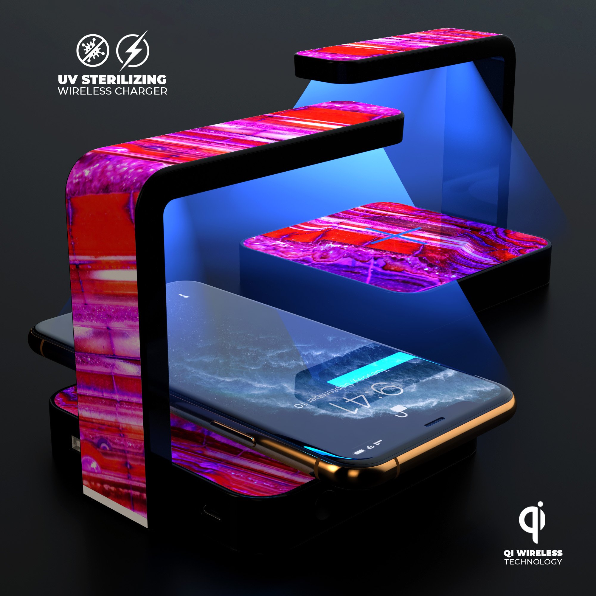 Pink Acrylic Agate UV Germicidal Sanitizing Wireless Charger with decorative skin, USB cable, and stylish design.