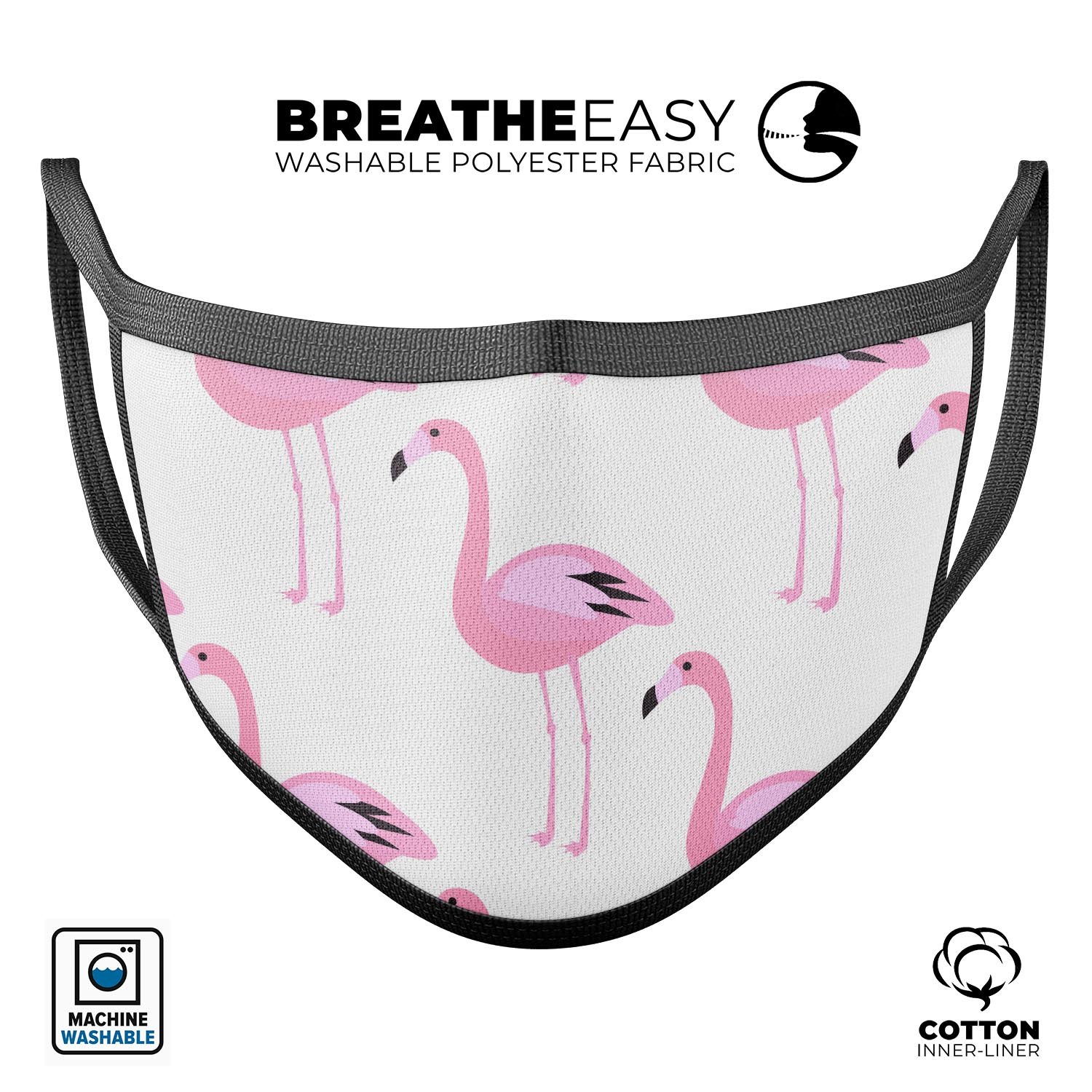 Pink All Over Flamingos mouth cover, featuring a vibrant flamingo design, made from soft cotton and memory foam for comfort.