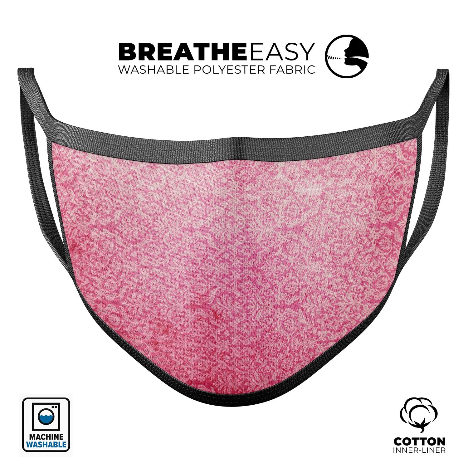 Pink All Over Pattern luxury mouth cover, showcasing vibrant colors and adjustable ear loops for a perfect fit.
