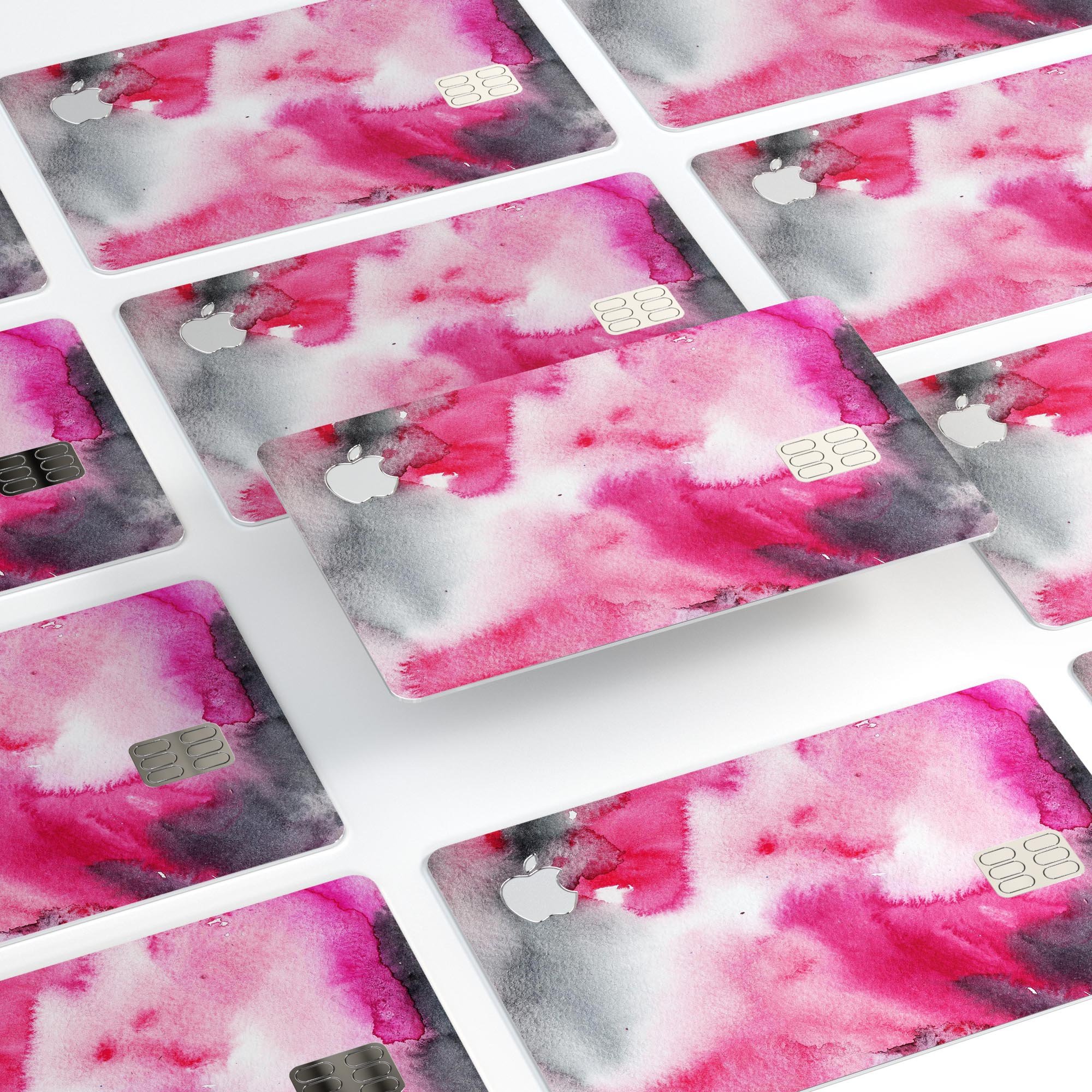 Pink and black absorbed watercolor texture decal for Apple Card, showcasing a stylish design with premium vinyl protection.