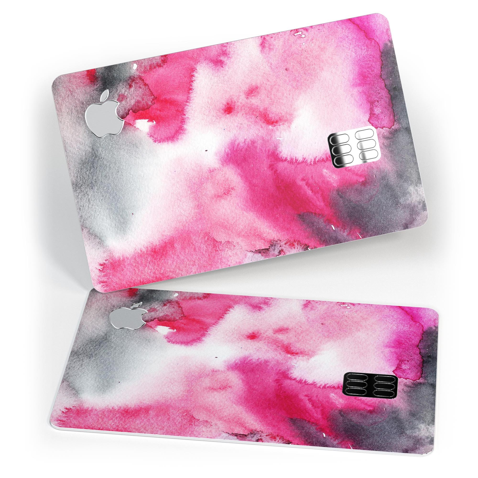 Pink and black absorbed watercolor texture decal for Apple Card, showcasing a stylish design with premium vinyl protection.