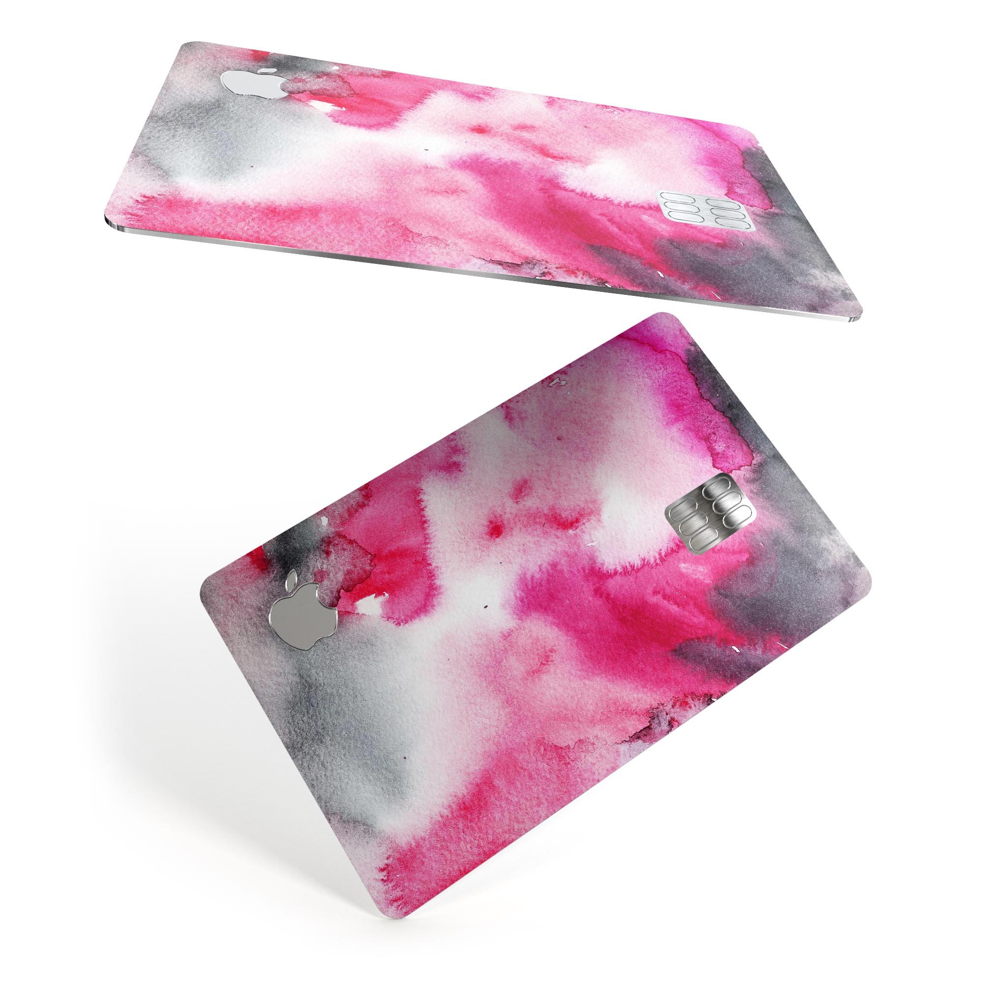 Pink and black absorbed watercolor texture decal for Apple Card, showcasing a stylish design with premium vinyl protection.