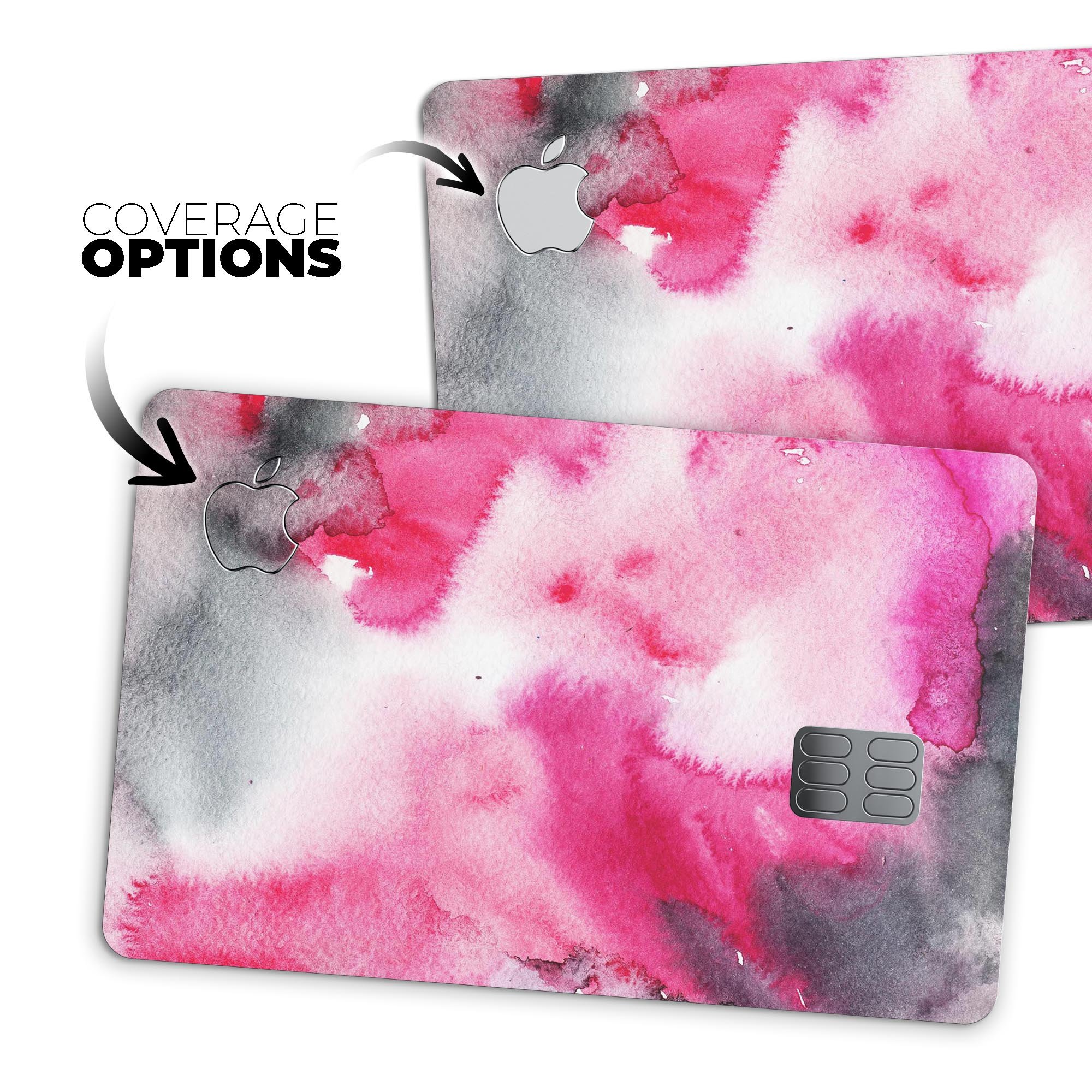 Pink and black absorbed watercolor texture decal for Apple Card, showcasing a stylish design with premium vinyl protection.