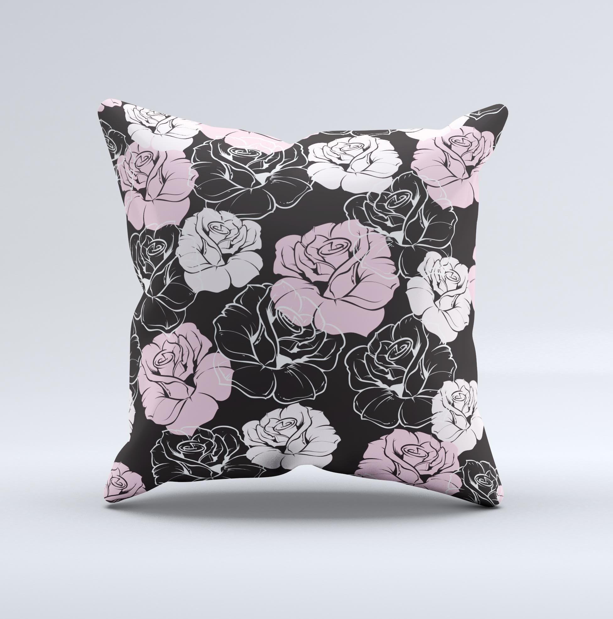 Pink and Black Rose Pattern V3 ink-Fuzed Decorative Throw Pillow showcasing intricate floral design on a soft fabric.