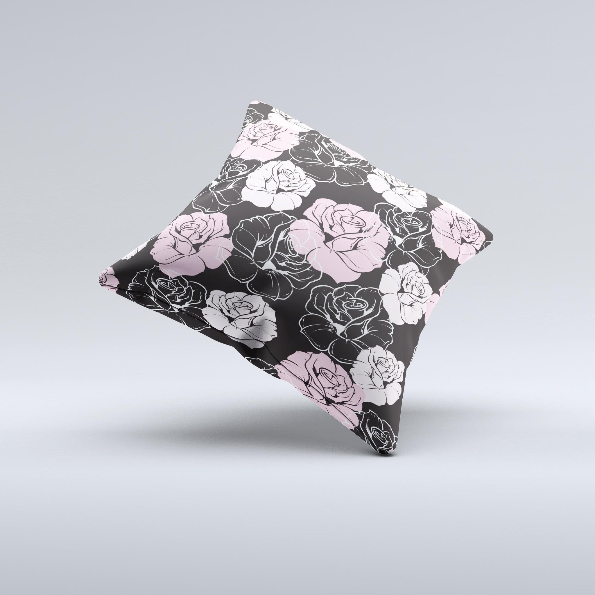 Pink and Black Rose Pattern V3 ink-Fuzed Decorative Throw Pillow showcasing intricate floral design on a soft fabric.