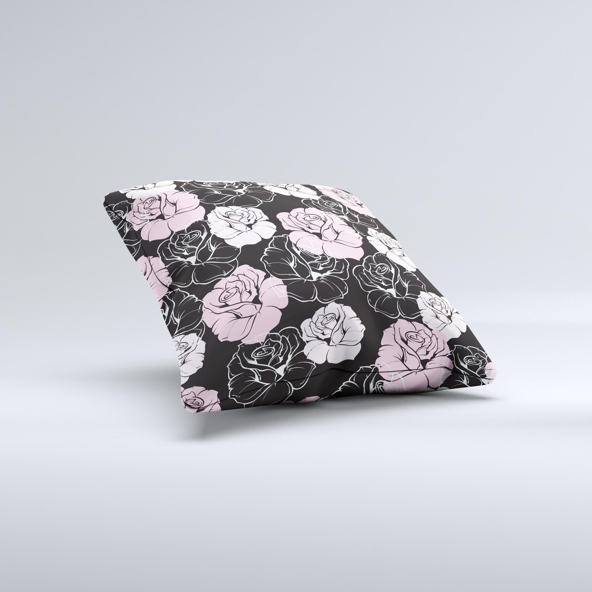 Pink and Black Rose Pattern V3 ink-Fuzed Decorative Throw Pillow showcasing intricate floral design on a soft fabric.