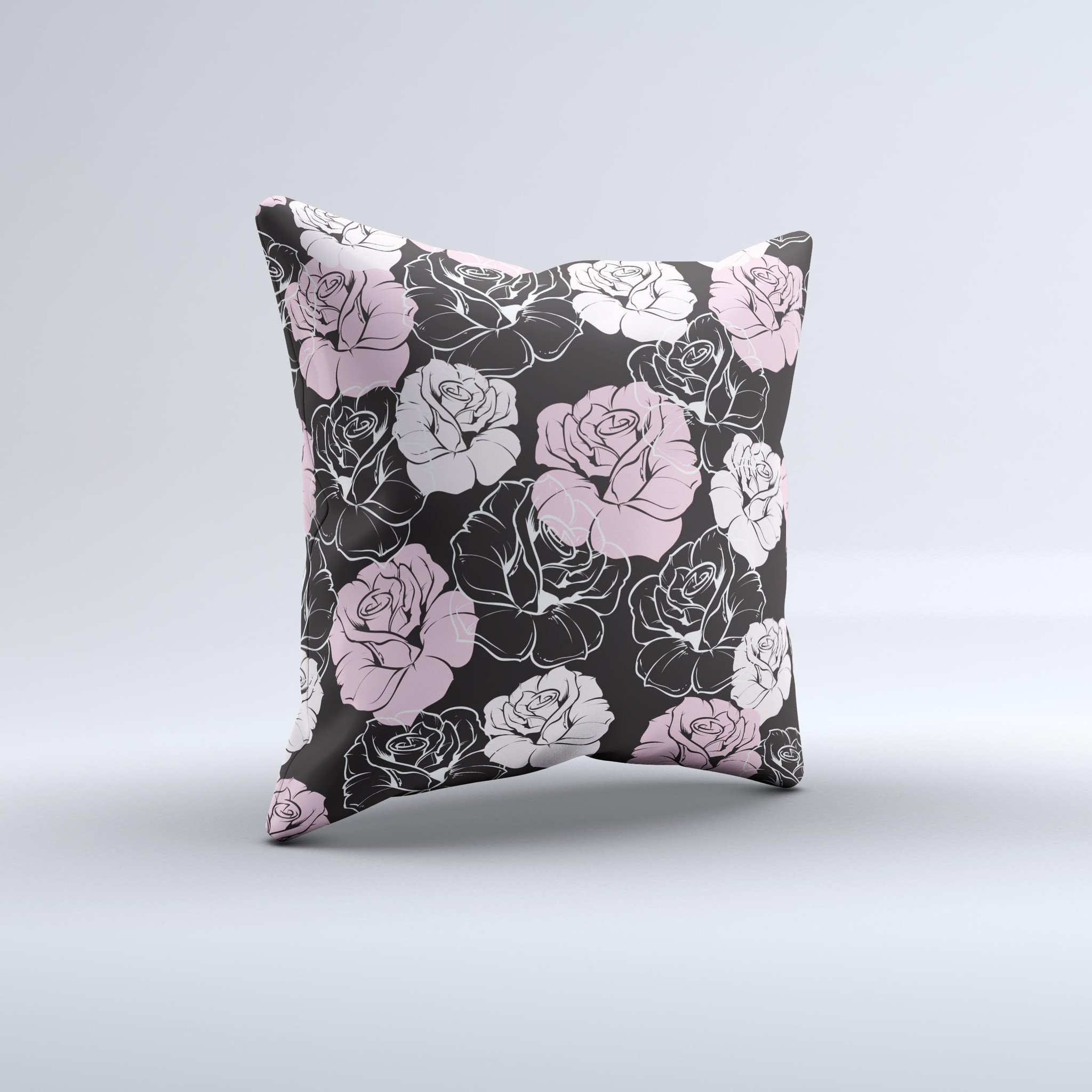 Pink and Black Rose Pattern V3 ink-Fuzed Decorative Throw Pillow showcasing intricate floral design on a soft fabric.