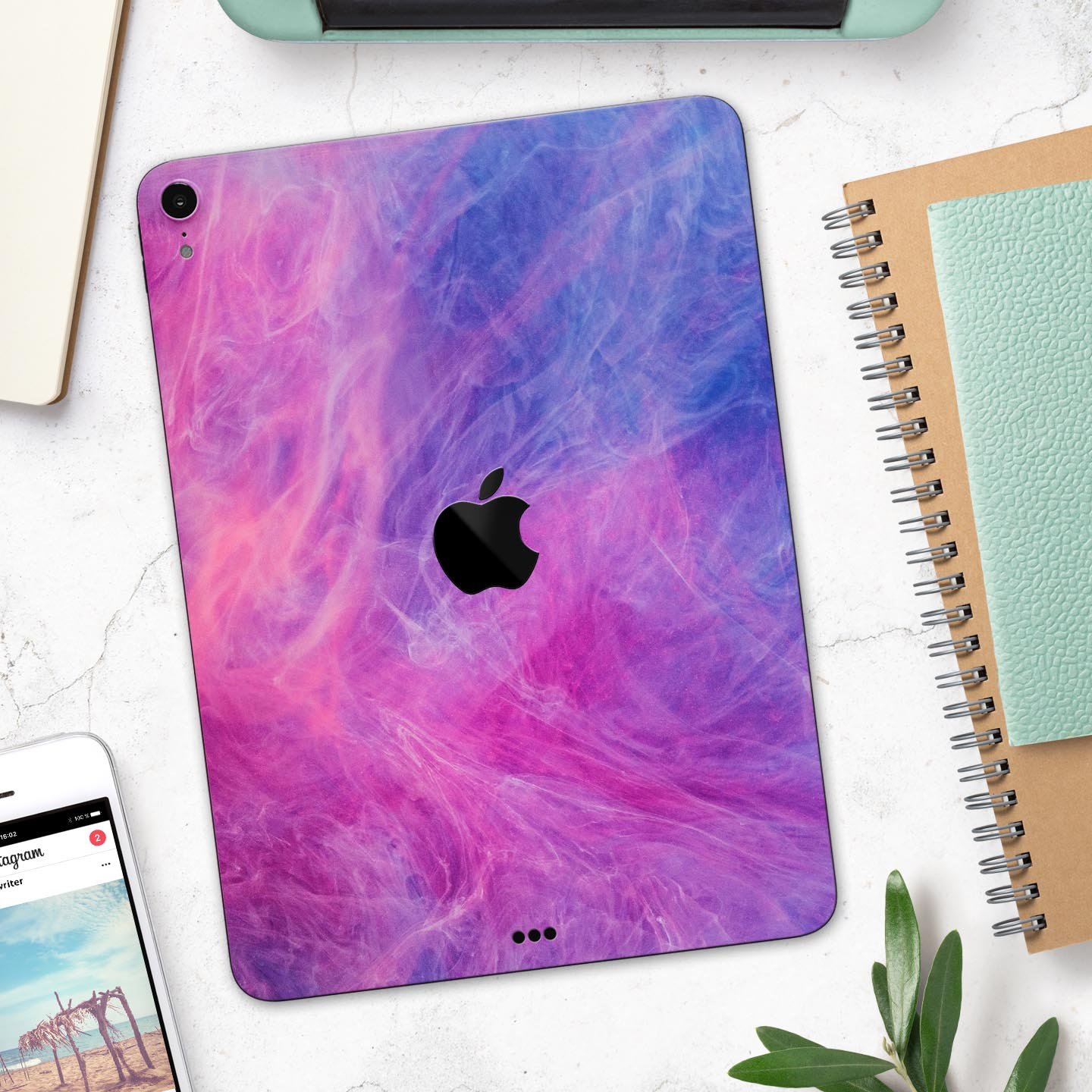 Full body skin decal for Apple iPad featuring vibrant pink and blue fume clouds design, made from premium 3M materials.