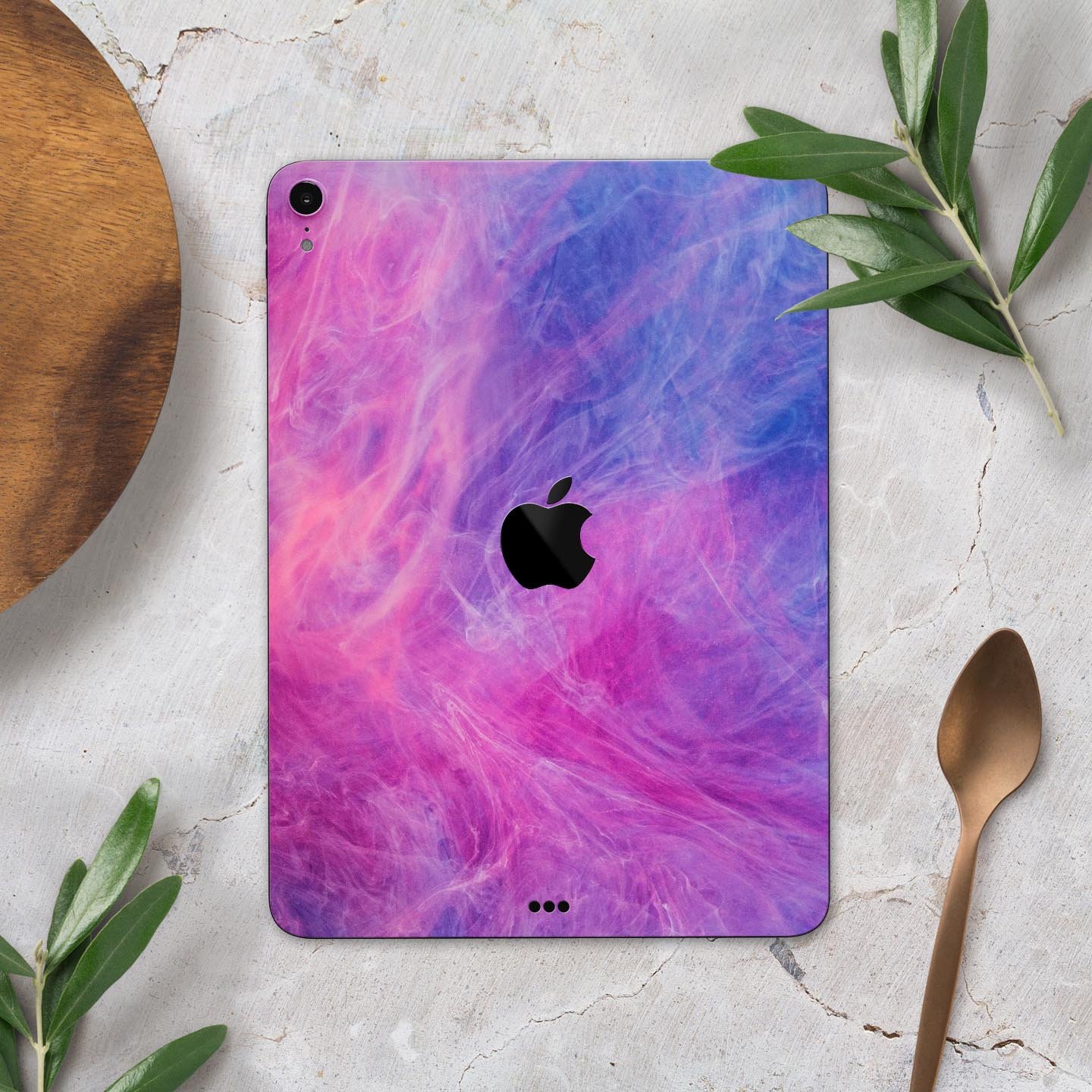 Full body skin decal for Apple iPad featuring vibrant pink and blue fume clouds design, made from premium 3M materials.