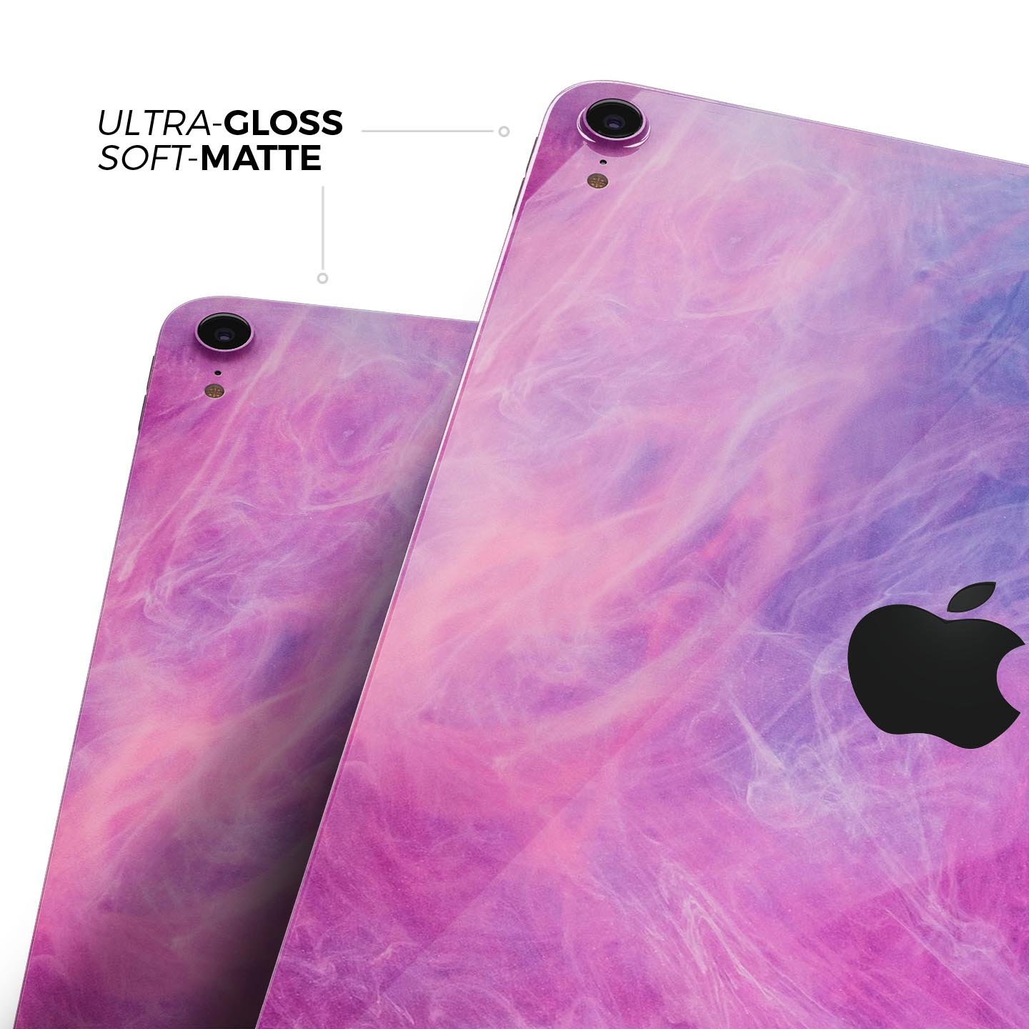 Full body skin decal for Apple iPad featuring vibrant pink and blue fume clouds design, made from premium 3M materials.