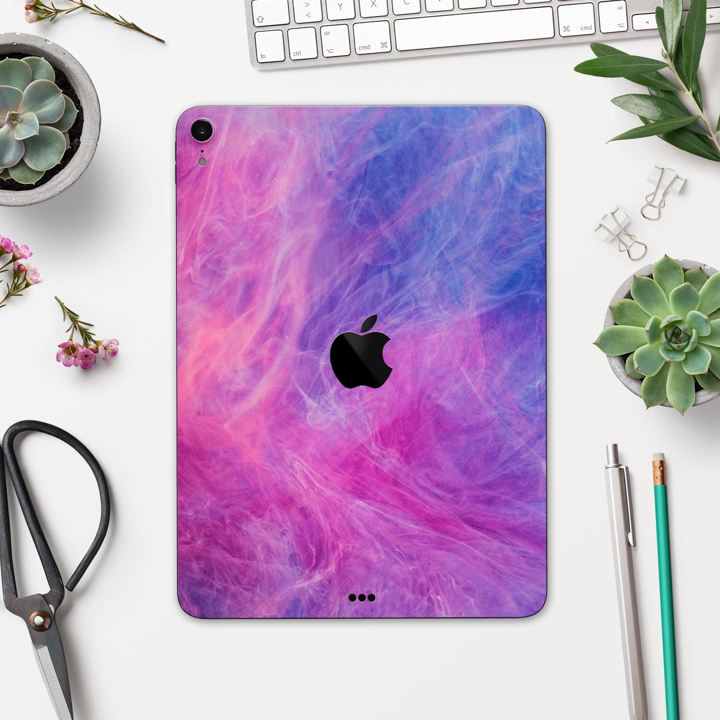 Full body skin decal for Apple iPad featuring vibrant pink and blue fume clouds design, made from premium 3M materials.