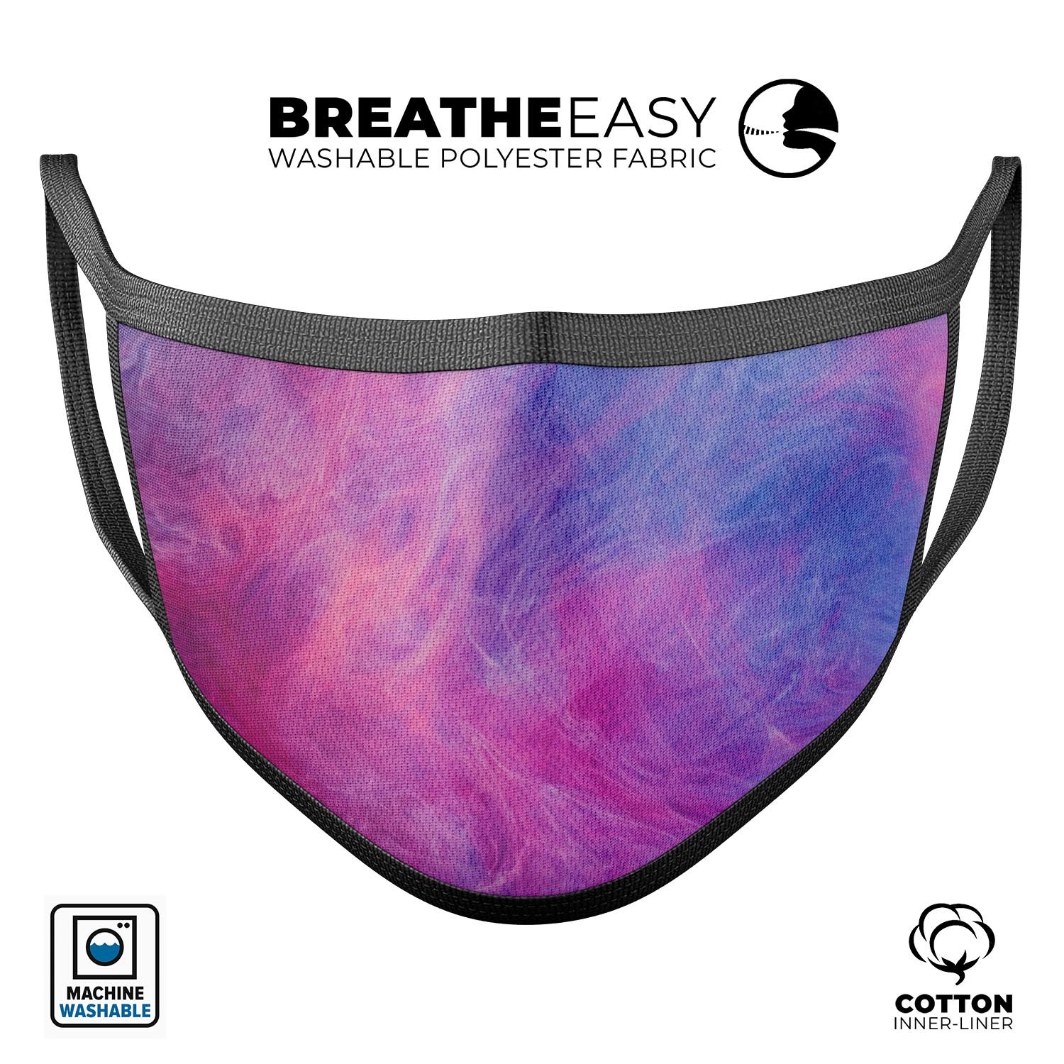 Pink and Blue Fume Clouds mouth cover, showcasing a vibrant design with adjustable ear loops, made from soft cotton and memory foam.