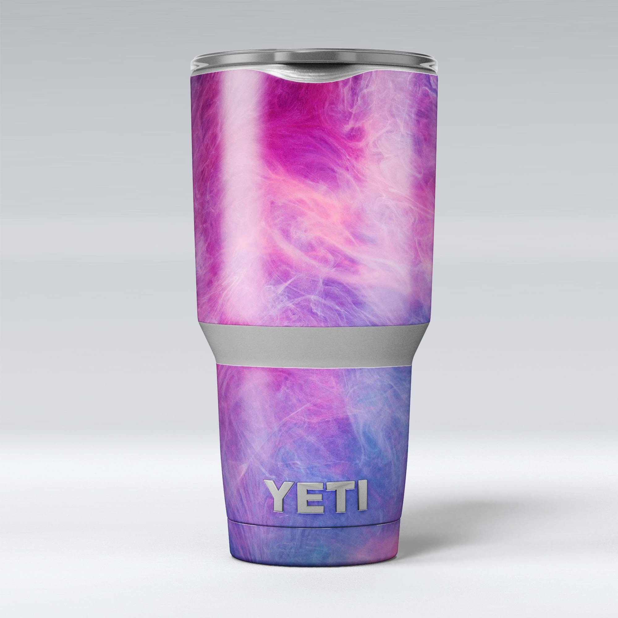 Pink and Blue Fume Clouds vinyl wrap kit for Yeti Coolers, showcasing vibrant colors and a sleek design.