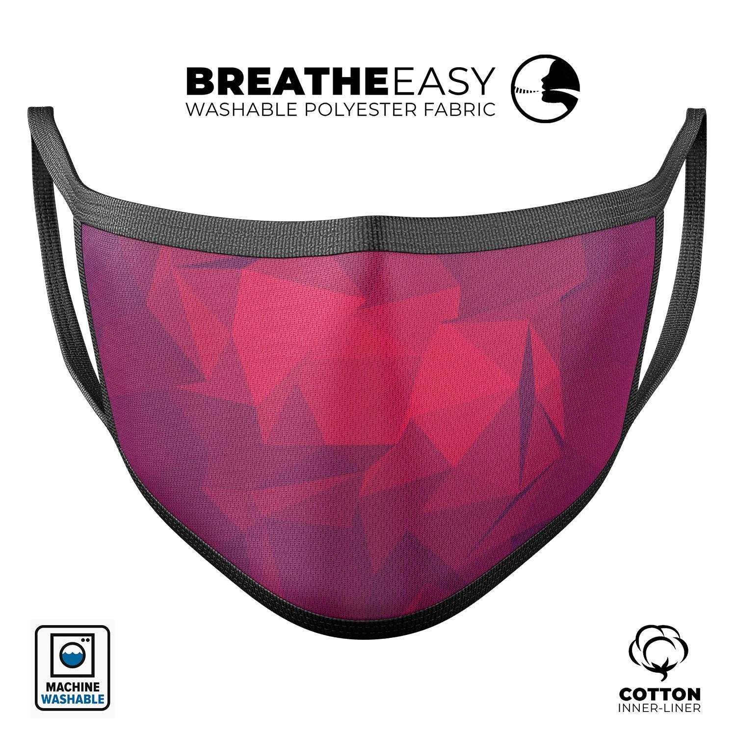 Pink and bright red abstract triangles design on a reusable 3D face mask, showcasing adjustable ear loops and soft cotton interior.