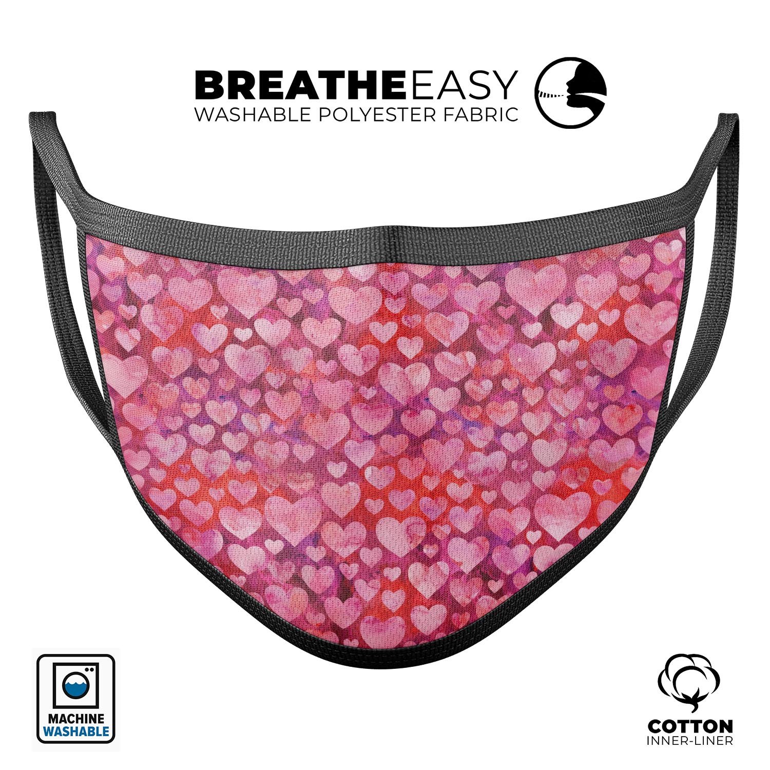 Pink and Red Watercolor Hearts reusable mouth cover, showcasing a vibrant design with adjustable ear loops for a comfortable fit.
