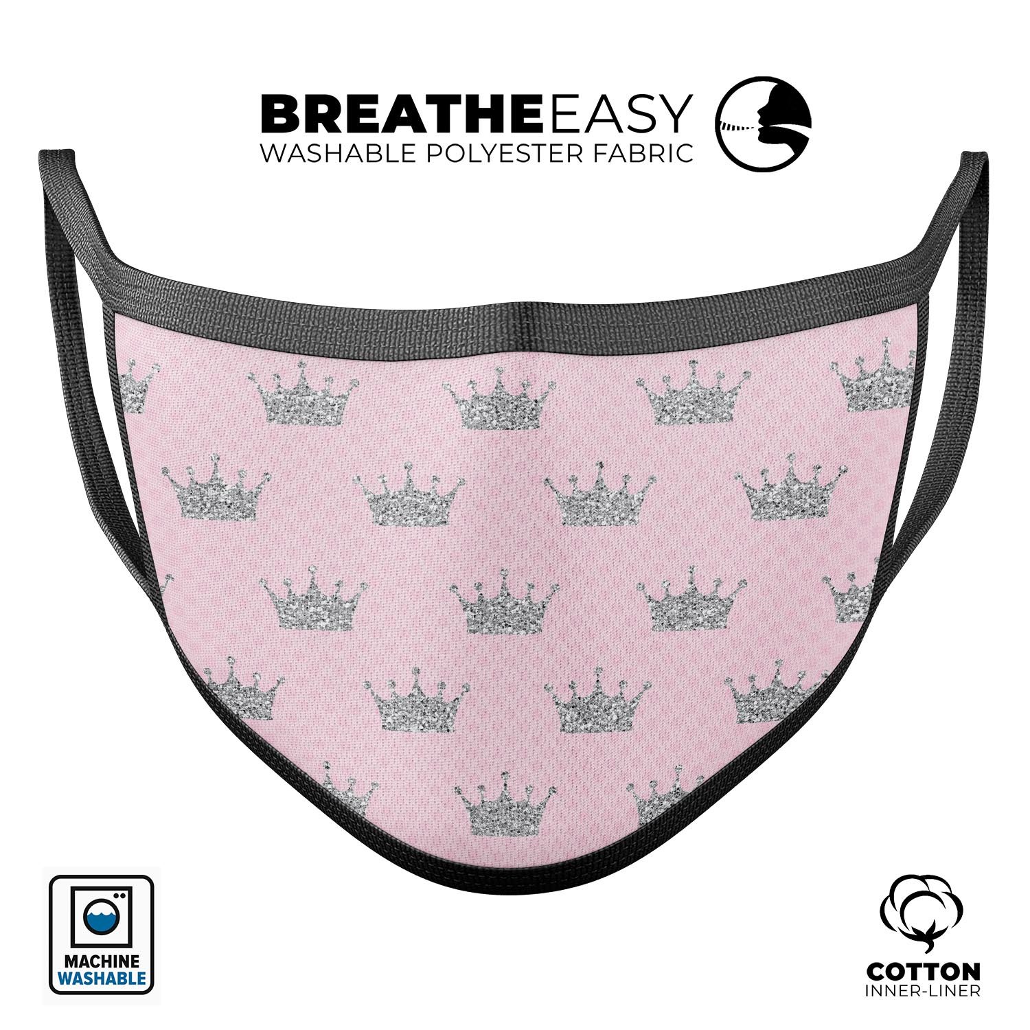 Pink and Silver Crowns mouth cover, featuring a stylish design, adjustable ear loops, and made from soft cotton for comfort.