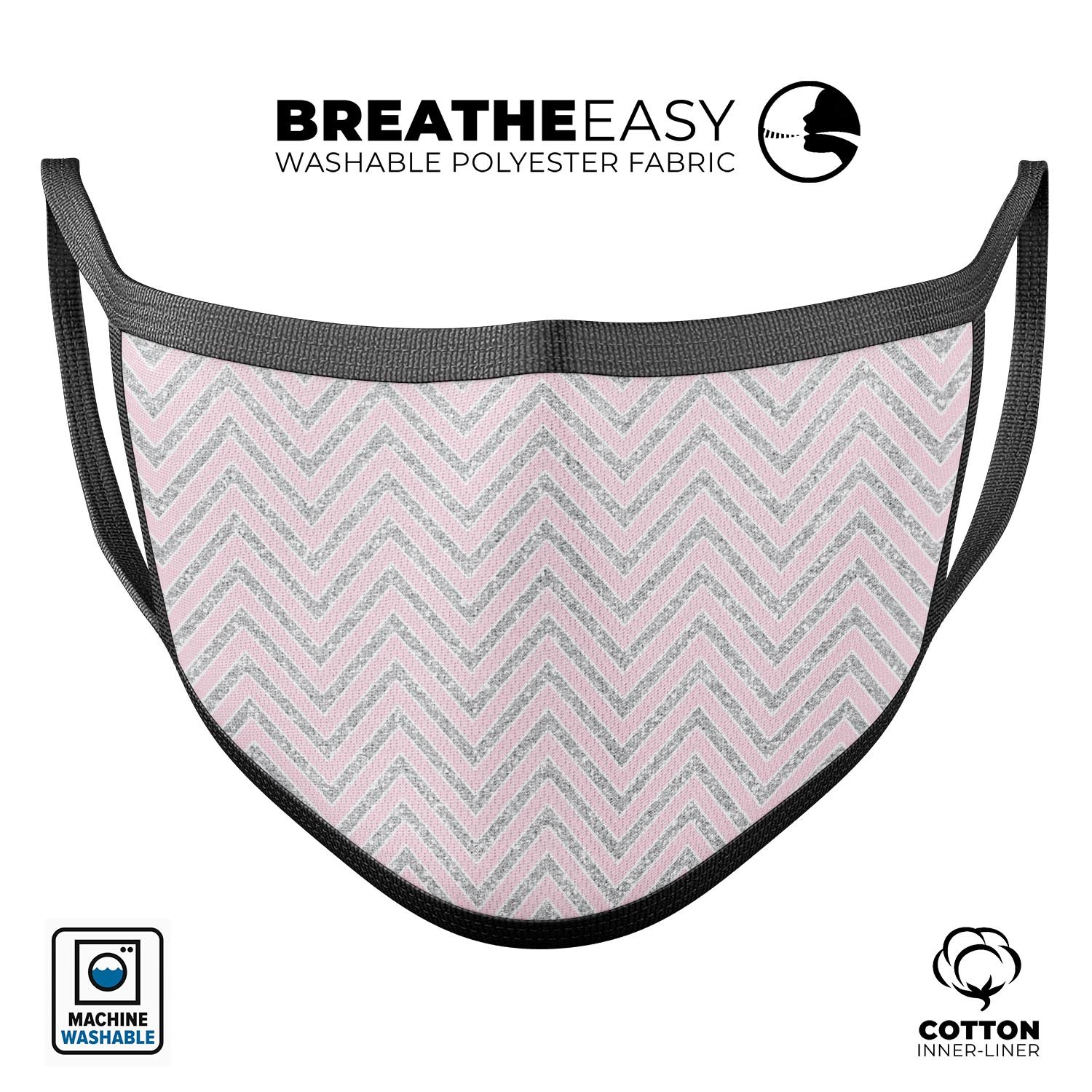 Pink and Silver Glitter Chevron mouth cover, showcasing a stylish design with adjustable ear loops for a comfortable fit.
