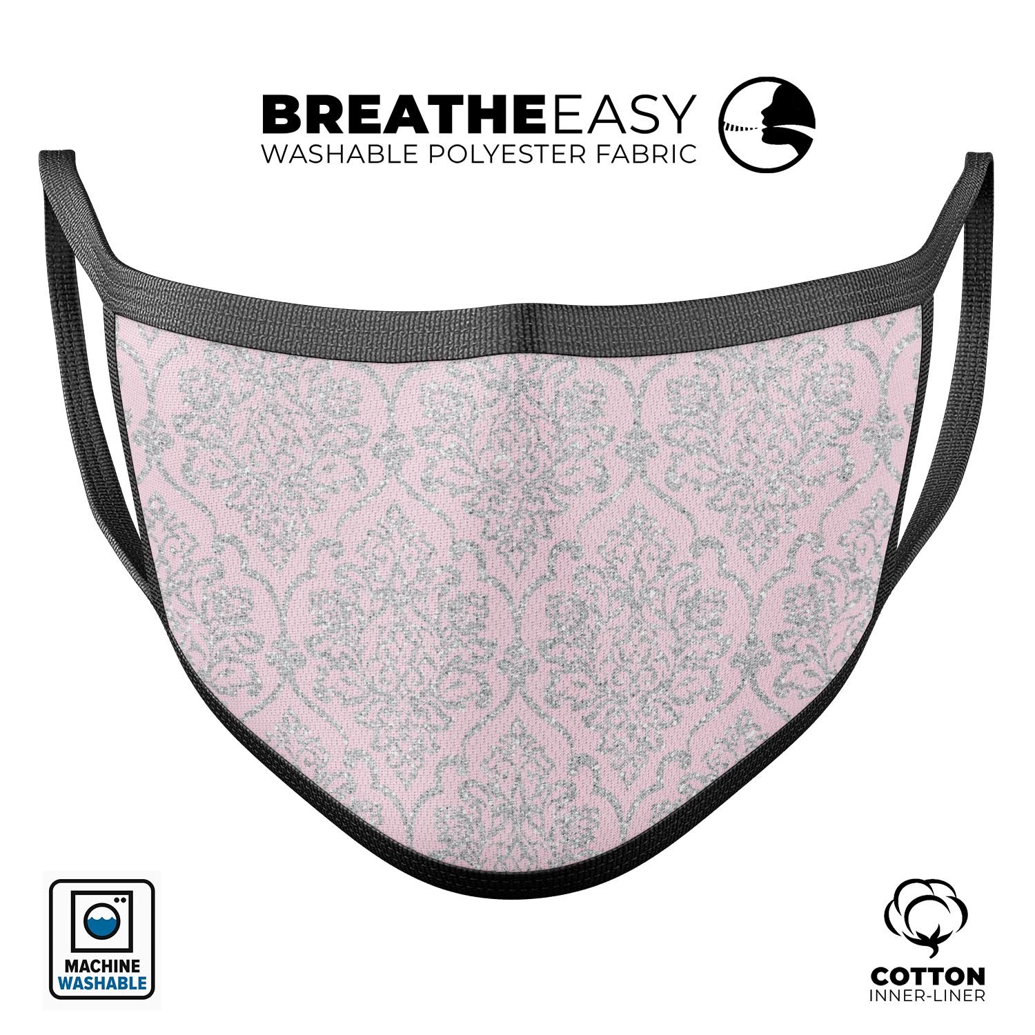 Pink and Silver Glitter Damask Pattern mouth cover, showcasing a stylish design with adjustable ear loops.