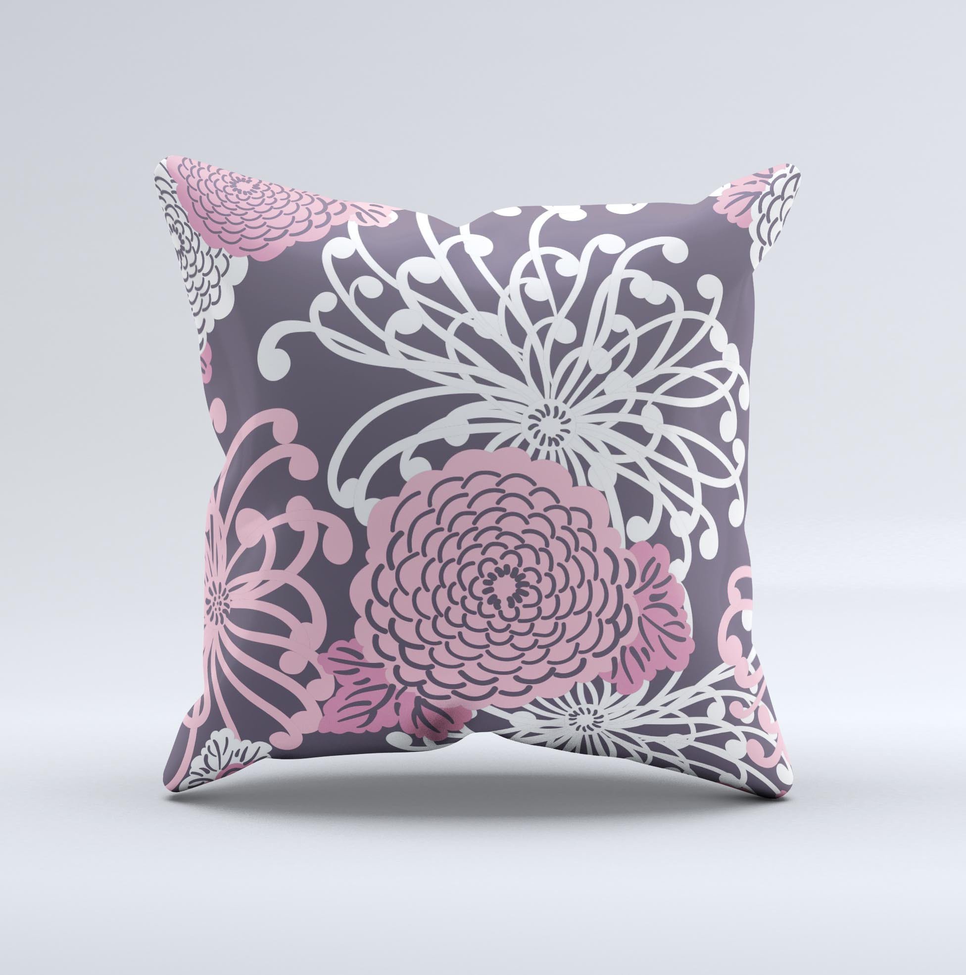Pink and white decorative throw pillow with floral design, handcrafted in Virginia, showcasing unique imperfections.